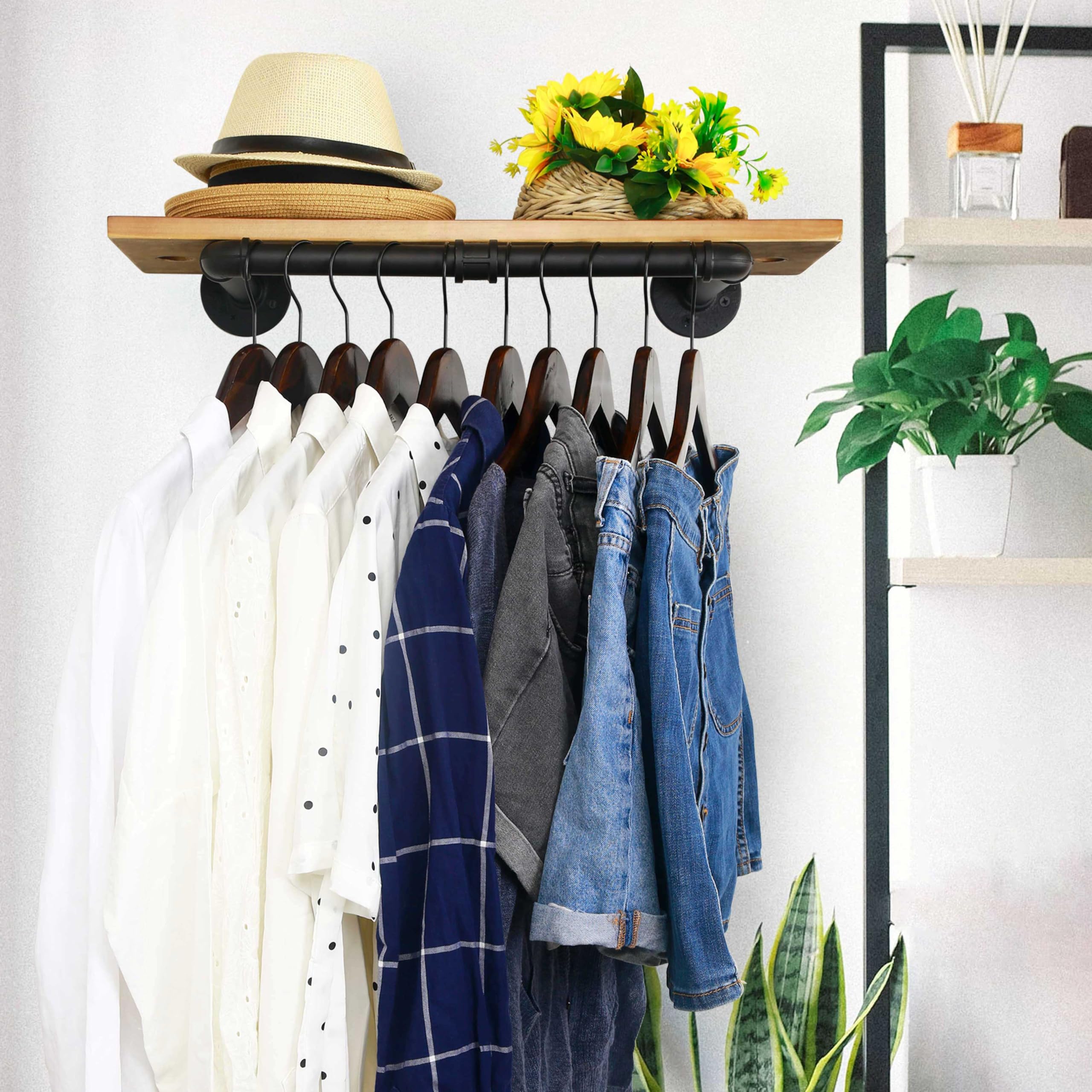 WEBI Clothing Rack Wall Mount 20'' Industrial Pipe Clothes Rack for Hanging Clothes Heavy Duty Iron Garment Rack Bar Retail Display Clothes Rod for Closet Laundry Room Black