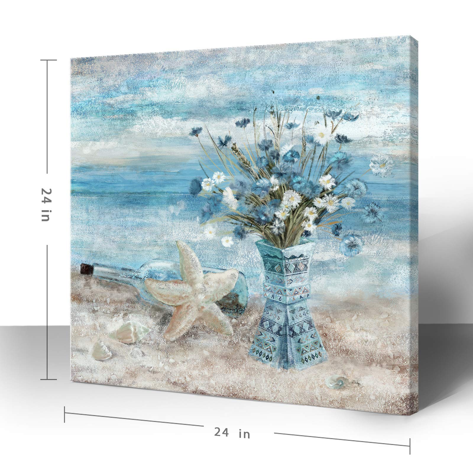 Beach Wall Art for Living Room Blue Ocean Theme Canvas Print Modern Abstract Coastal Picture Seascape Painting Daisy Flower in Indian Vase Framed Artwork for Seaside Bedroom Bathroom Office 24x24inch