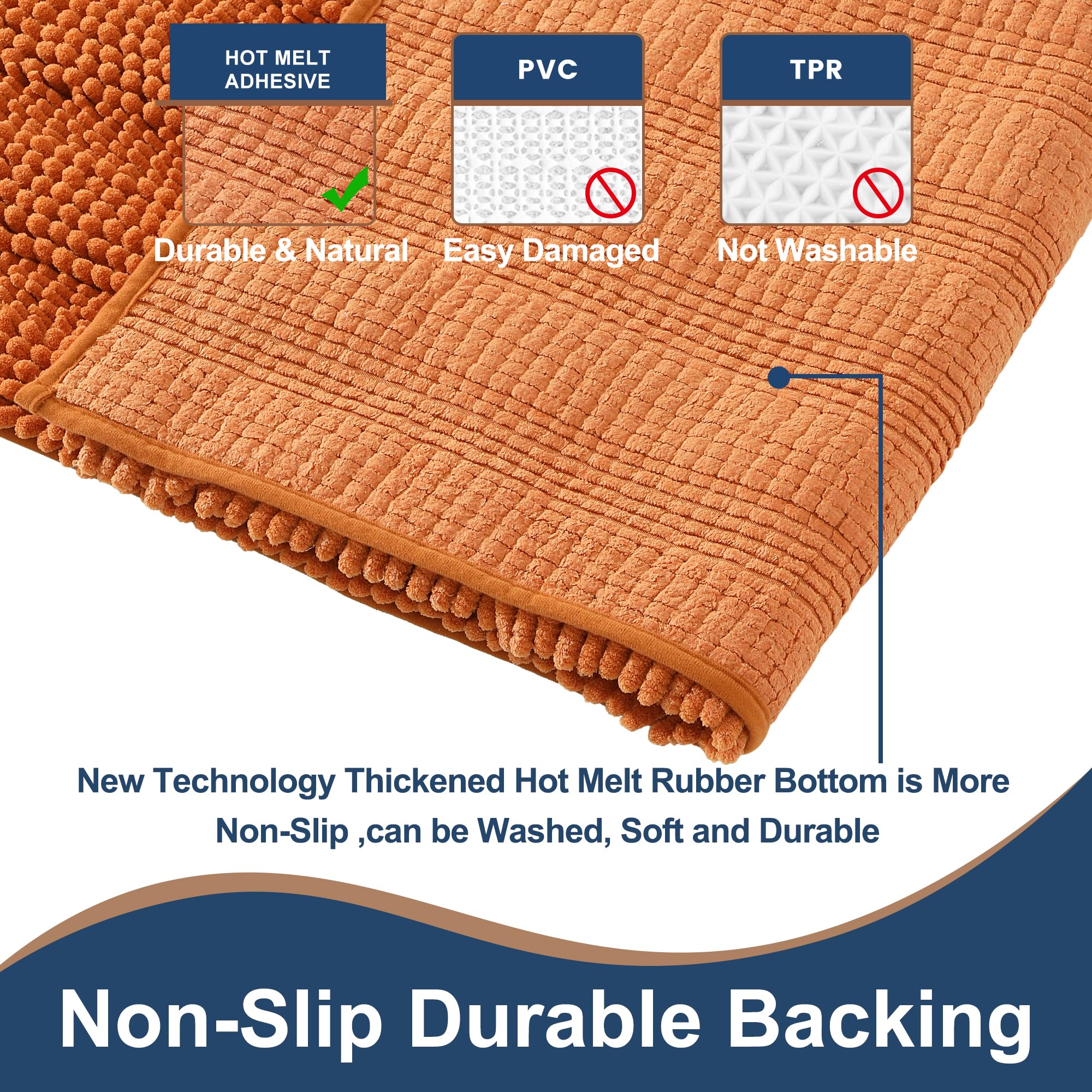 Non Slip Thick Shaggy Chenille Burnt Orange Bathroom Rug Sets 2 Piece, Thickened Hot Melt Rubber Bottom Bath Mats For Bathroom,