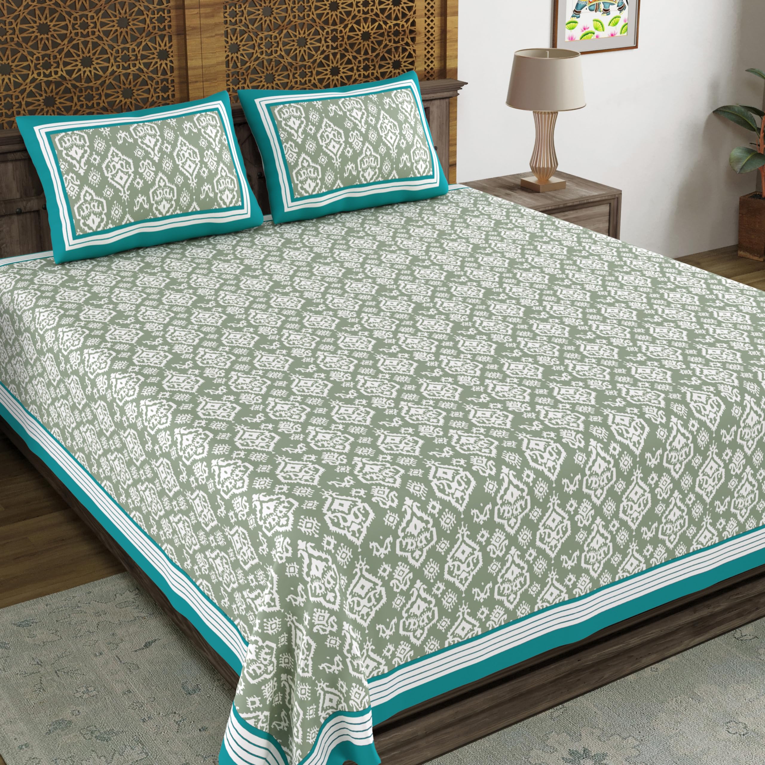 Blocks Of India Hand Block Printed 300 Tc Cotton Super King Size Bedsheet(106 X 106) (Multi 18)