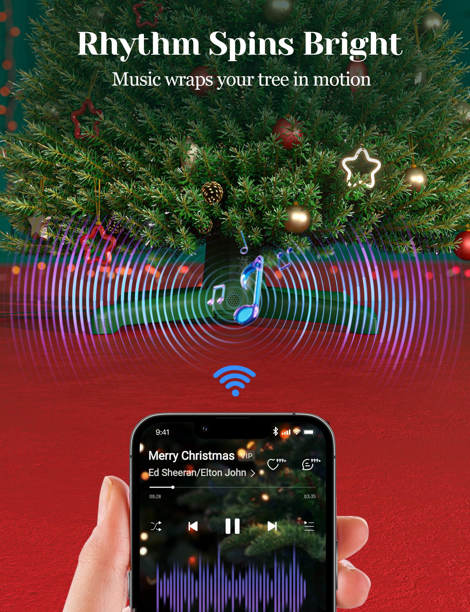 DG-Direct Musical 360 Rotating Christmas Tree Stand with Remote, Anti-Tilt Silent Spin Base, 3 Light Output Ports (800W), Fits 9