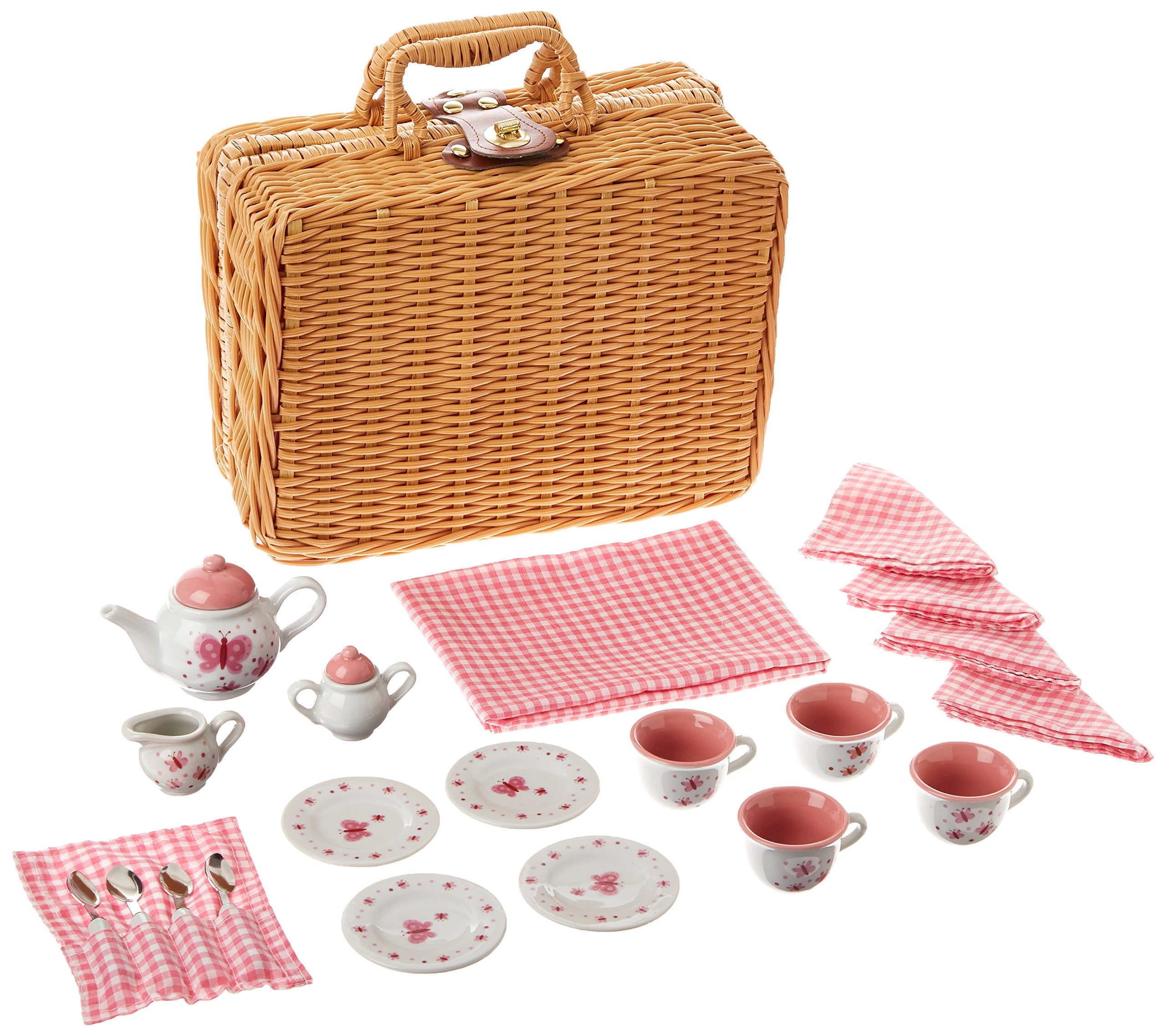 Schylling Butterfly Tea Set Basket - 23 Piece Miniature Porcelain Set With Picnic Basket - Includes Service For Four - Ages 8 An