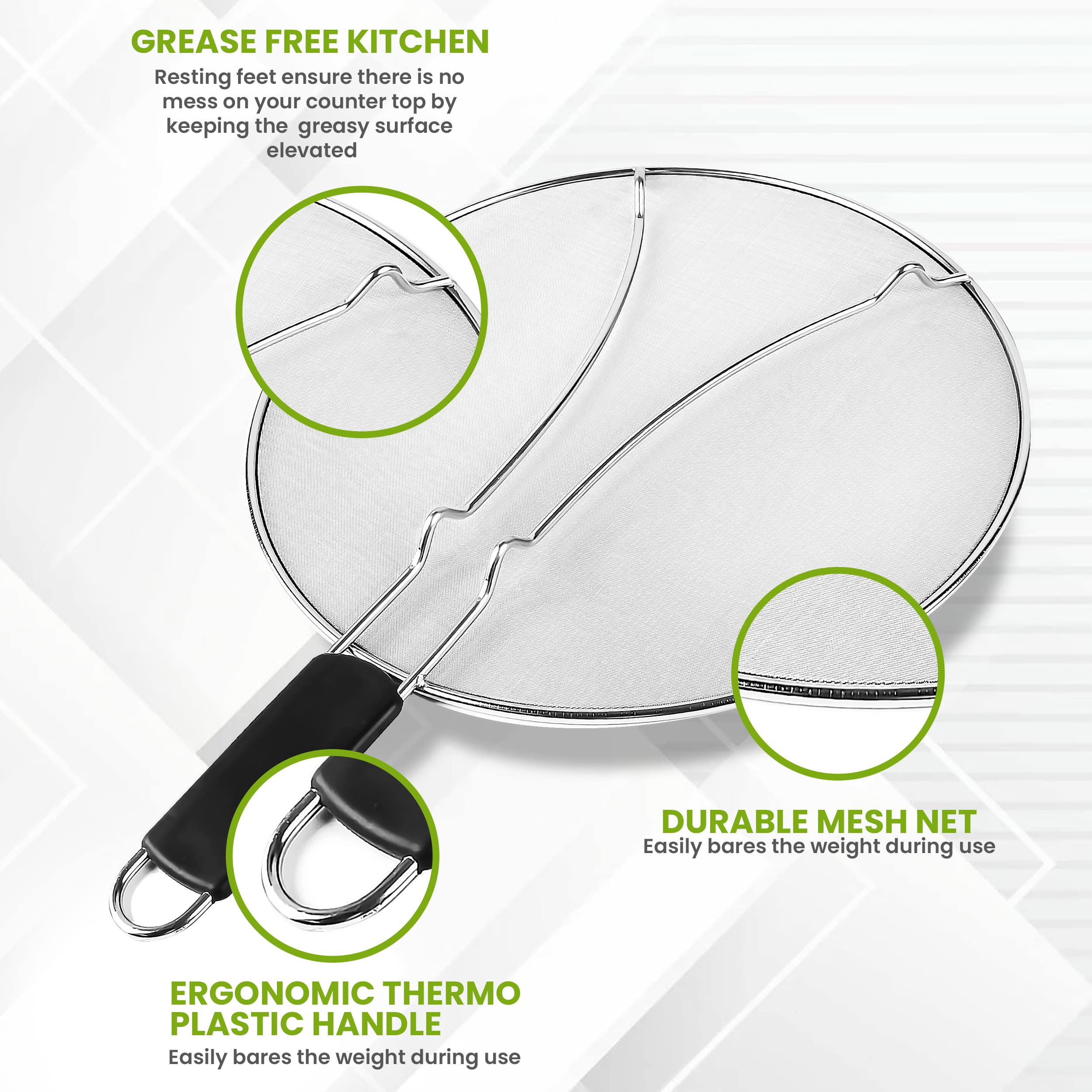 13'' Grease Splatter Screen For Cooking | Stainless Steel Oil Splatter Guard And Ultra-Fine Mesh Protects Skin From Burns | Tpr