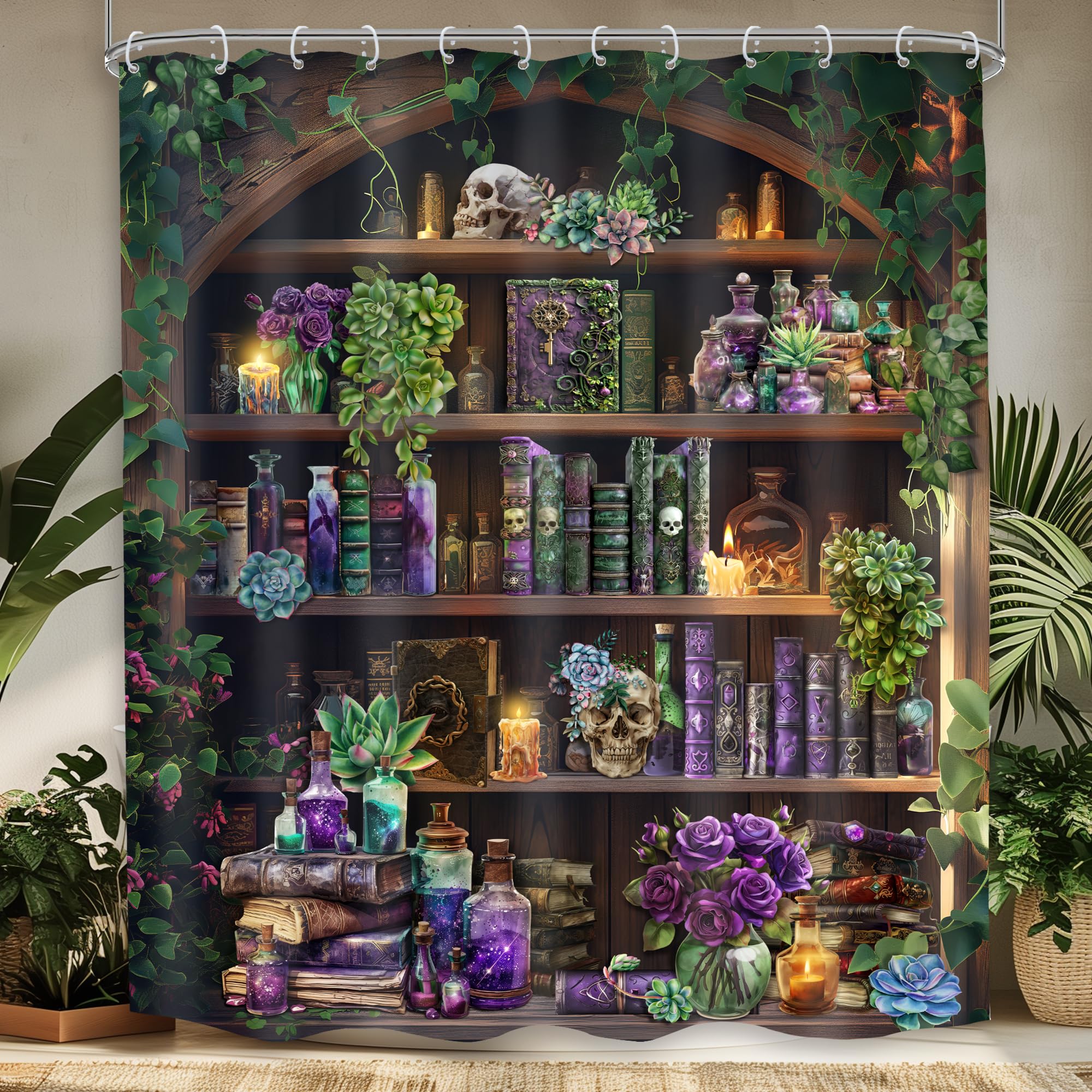 Mitpok Gothic Skull Shower Curtain 60Wx72H Vintage Withcy Spooky Retro Wizard Magic Bookshelf Succulent Black Unique Cool Bathro