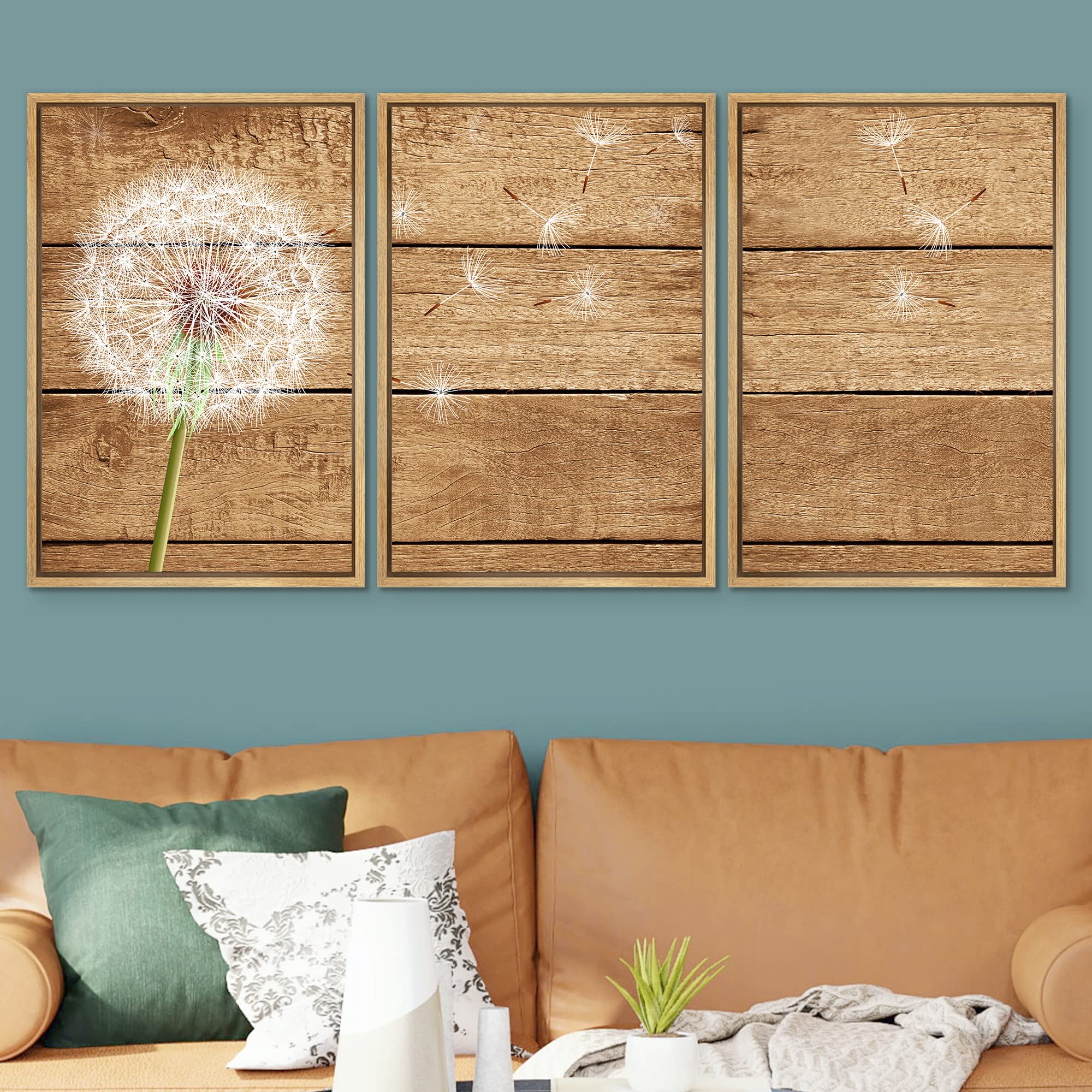 Signwin Framed Canvas Print Wall Art Set Windy White Summer Dandelion Flower Nature Wilderness Wood Panels Modern Art Rustic Sce