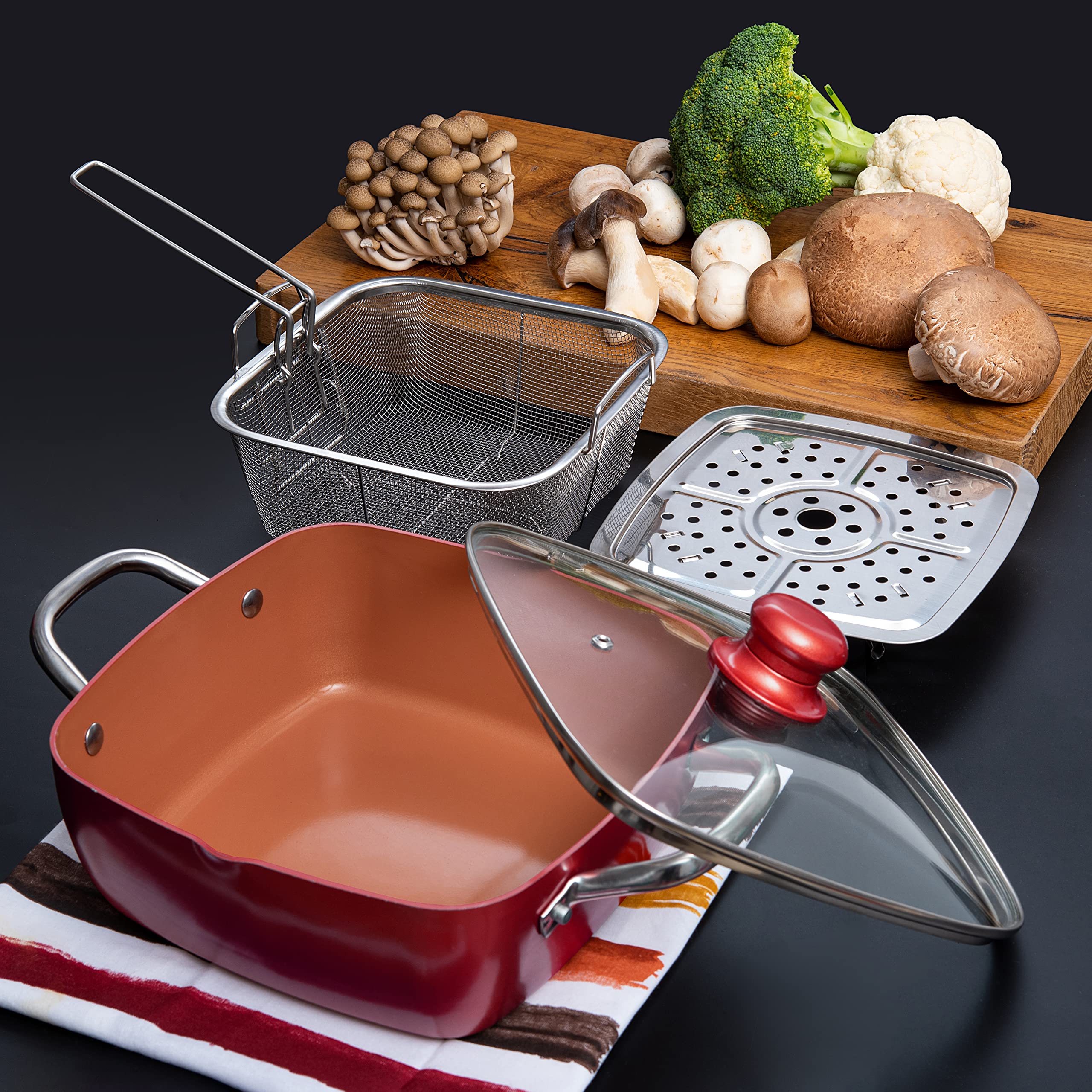 Moss & Stone Copper 5 Piece Set Chef Cookware, Non Stick Pan, Deep Square Pan, Fry Basket, Steamer Tray, Dishwasher & Oven Safe,