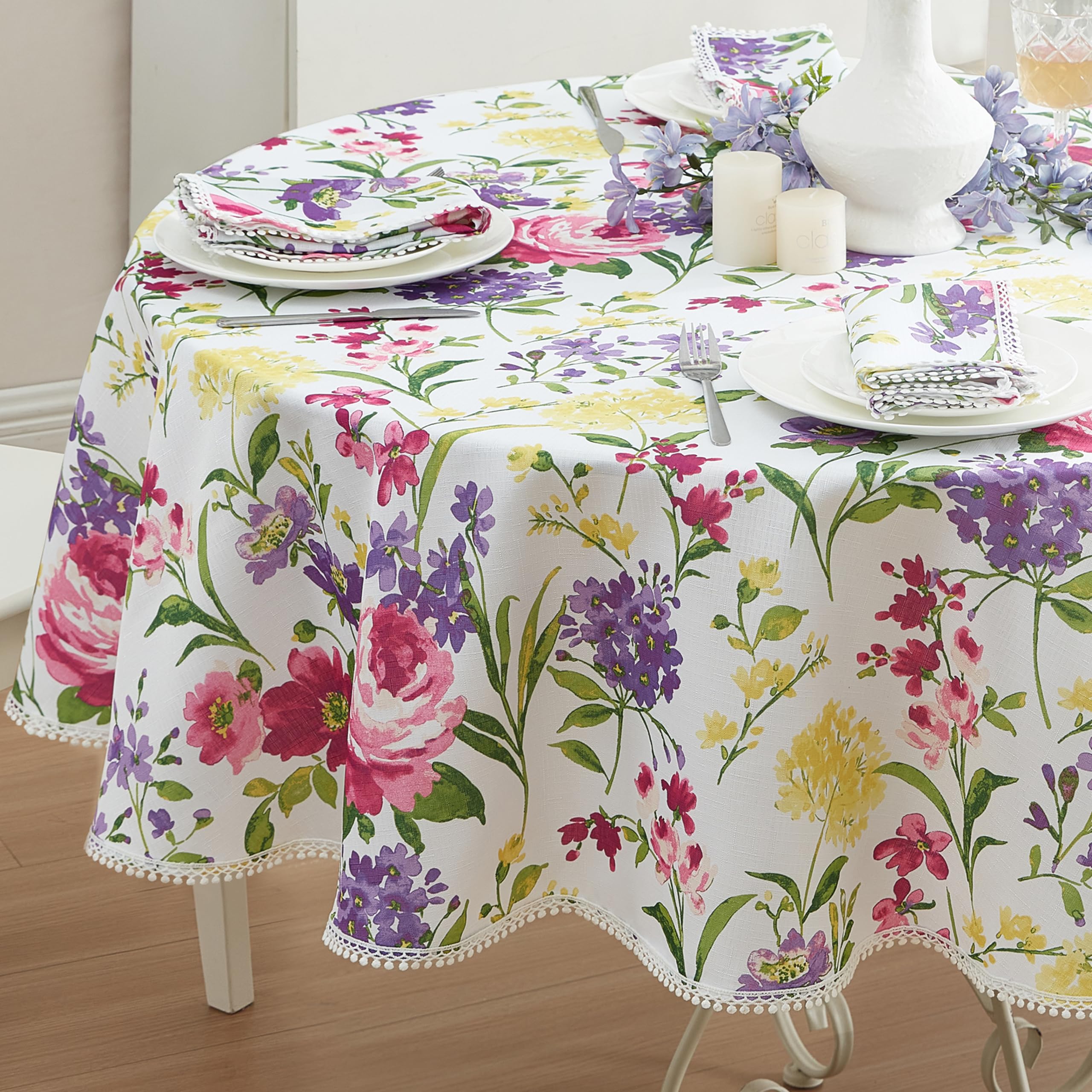 Newbridge Round Fabric Tablecloth, 70 Inch, Summer Sophia Pom Pom Fringe, Wrinkle And Stain Resistant Pink And Purple Floral Tab