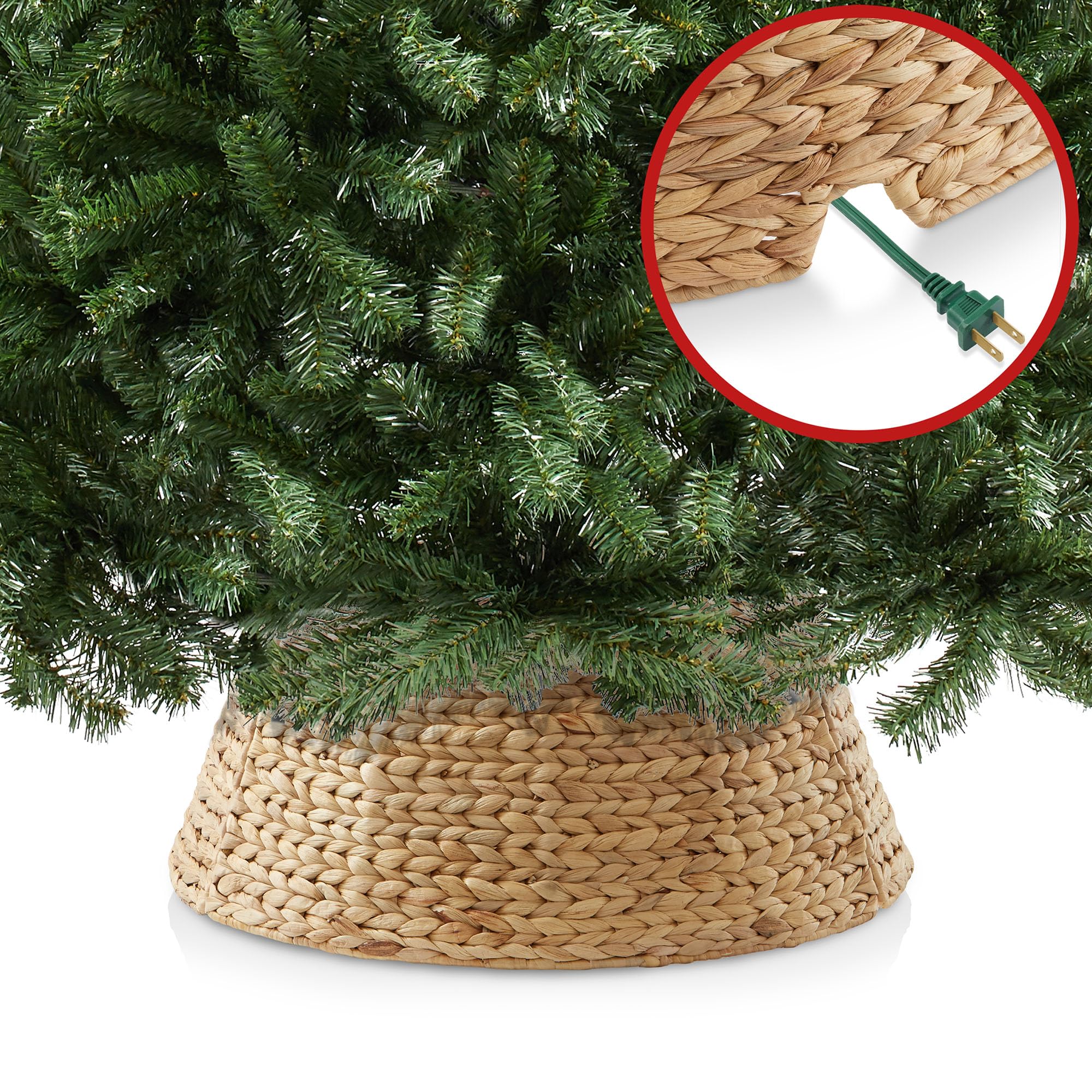 Casafield 24-Inch Christmas Tree Collar, Woven Water Hyacinth Tree Base Cover with Cord Cut Out, Natural