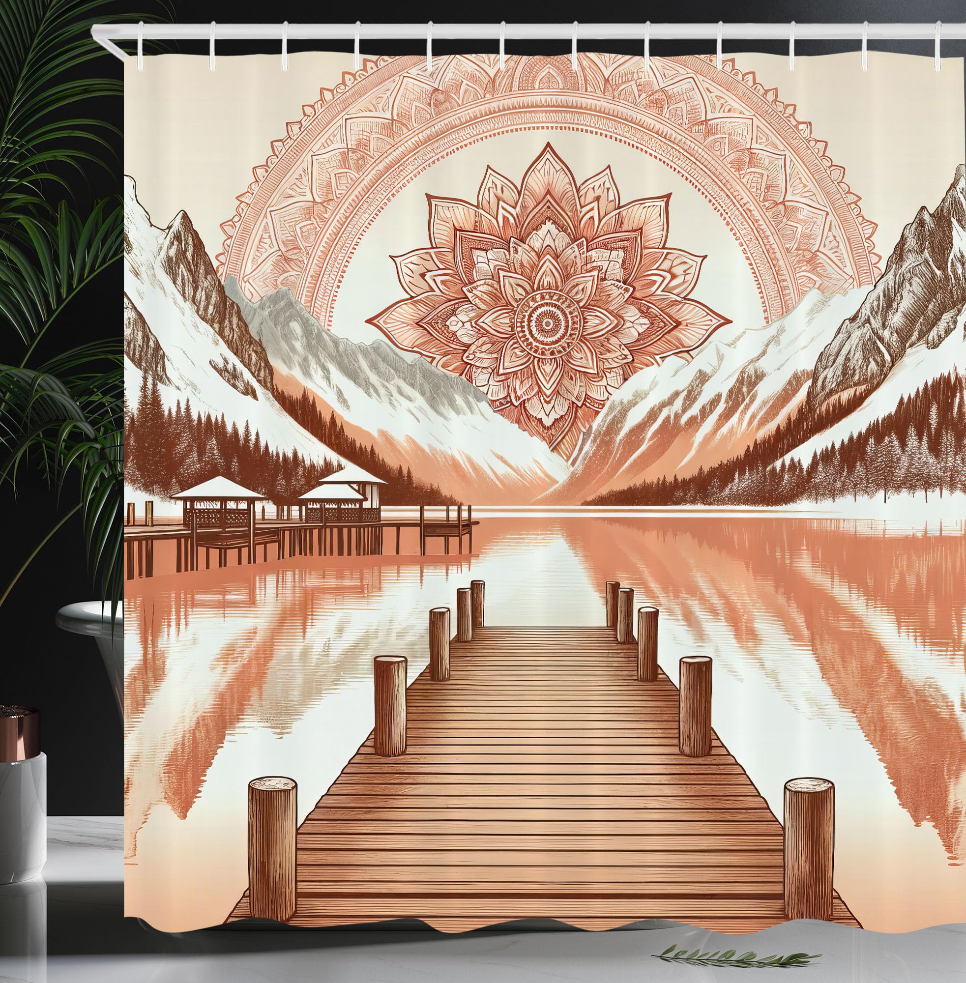 Ambesonne Lake Shower Curtain, Mountains Wooden Pier And Eastern Cultural Mandala In Peachy Colors, Cloth Fabric Bathroom Decor