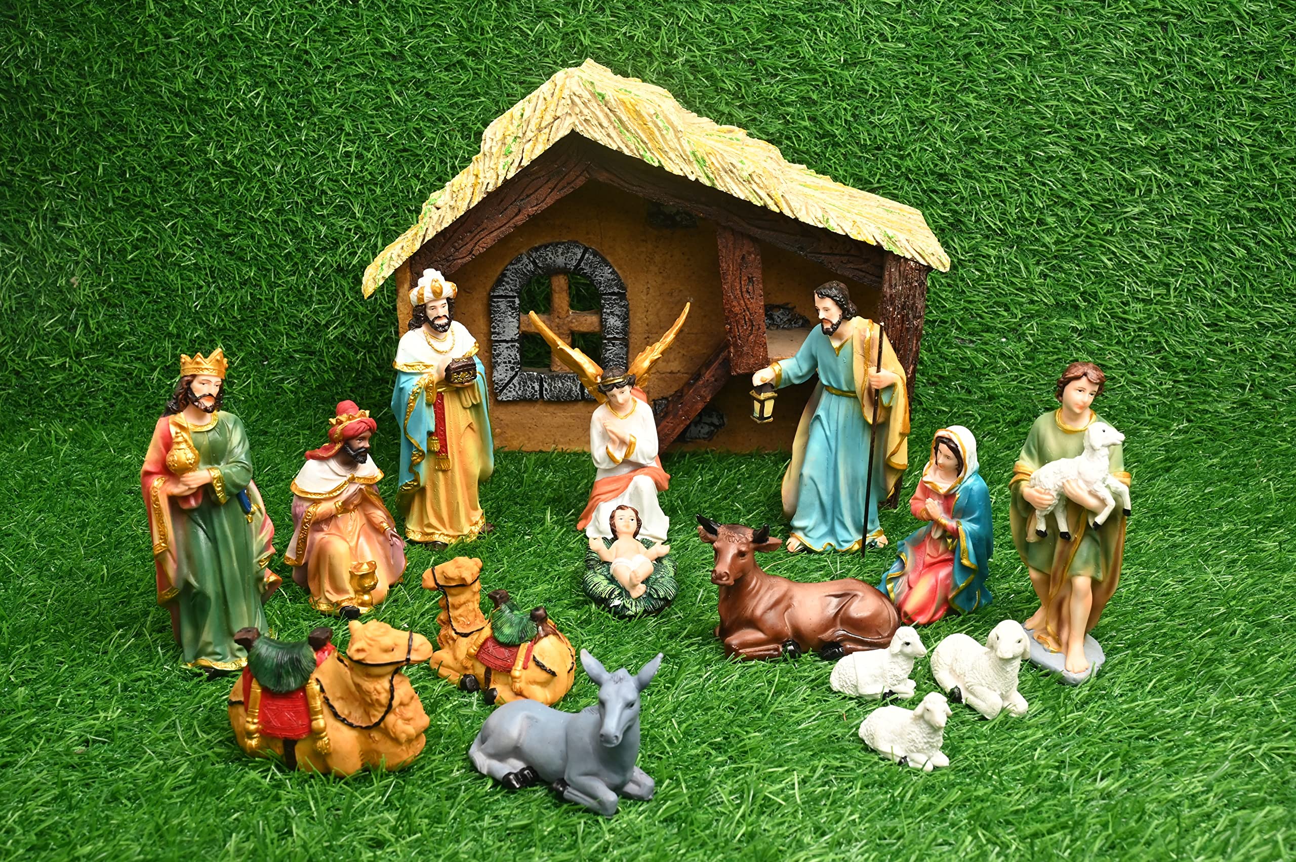 Karighar Nativity/Crib Idols Set Of 16 Pieces (6 Inch)[Pack  Crib House,Mary, Joseph, Baby Jesus, Angel, 3 Wise Men, The Shephe
