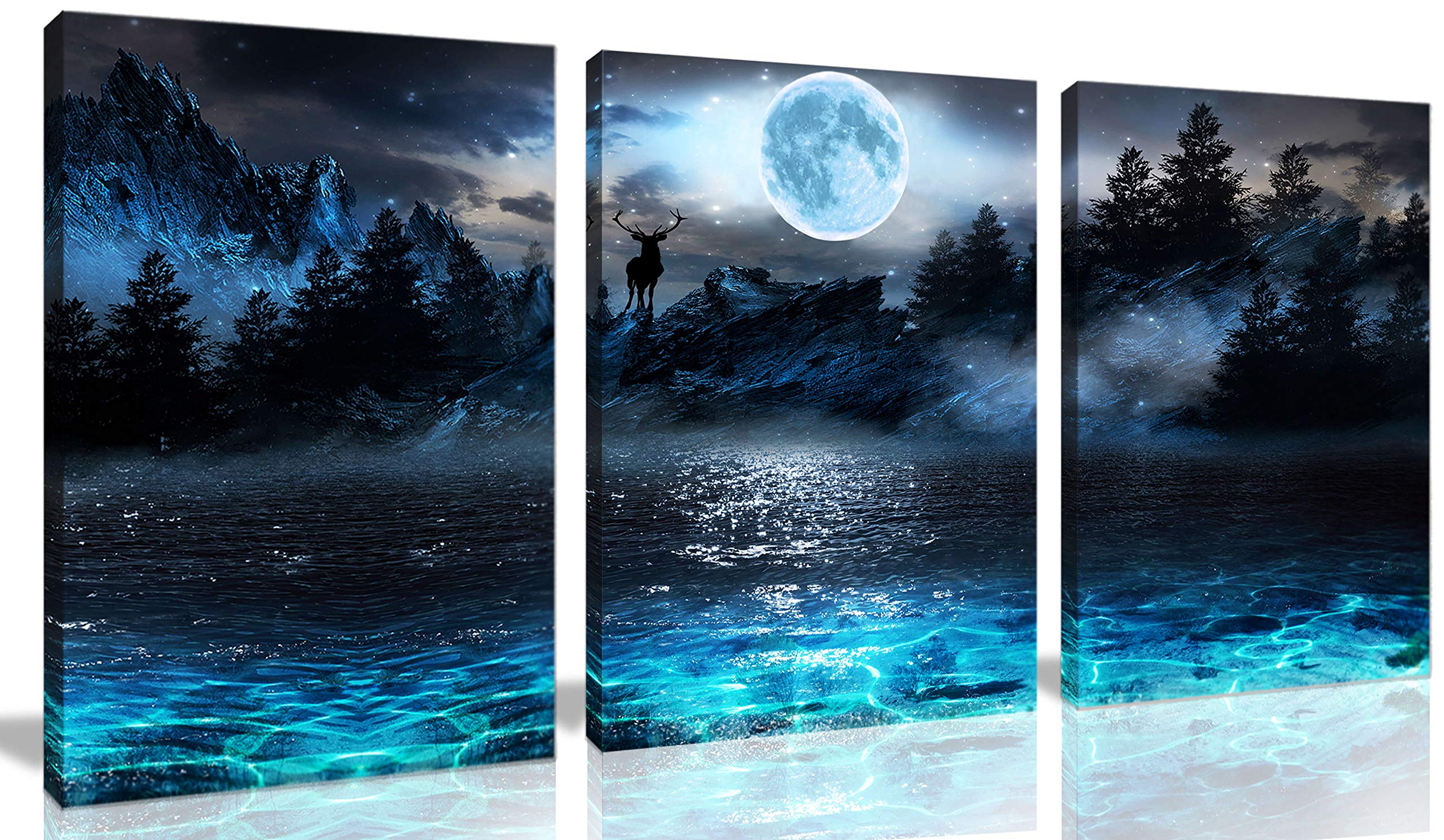 Aburaeart Moon Wall-Art - Deer Ocean Landscape Picture Wall Art For Living Room Modern Wall Decor For Bedroom - 3 Piece Canvas W
