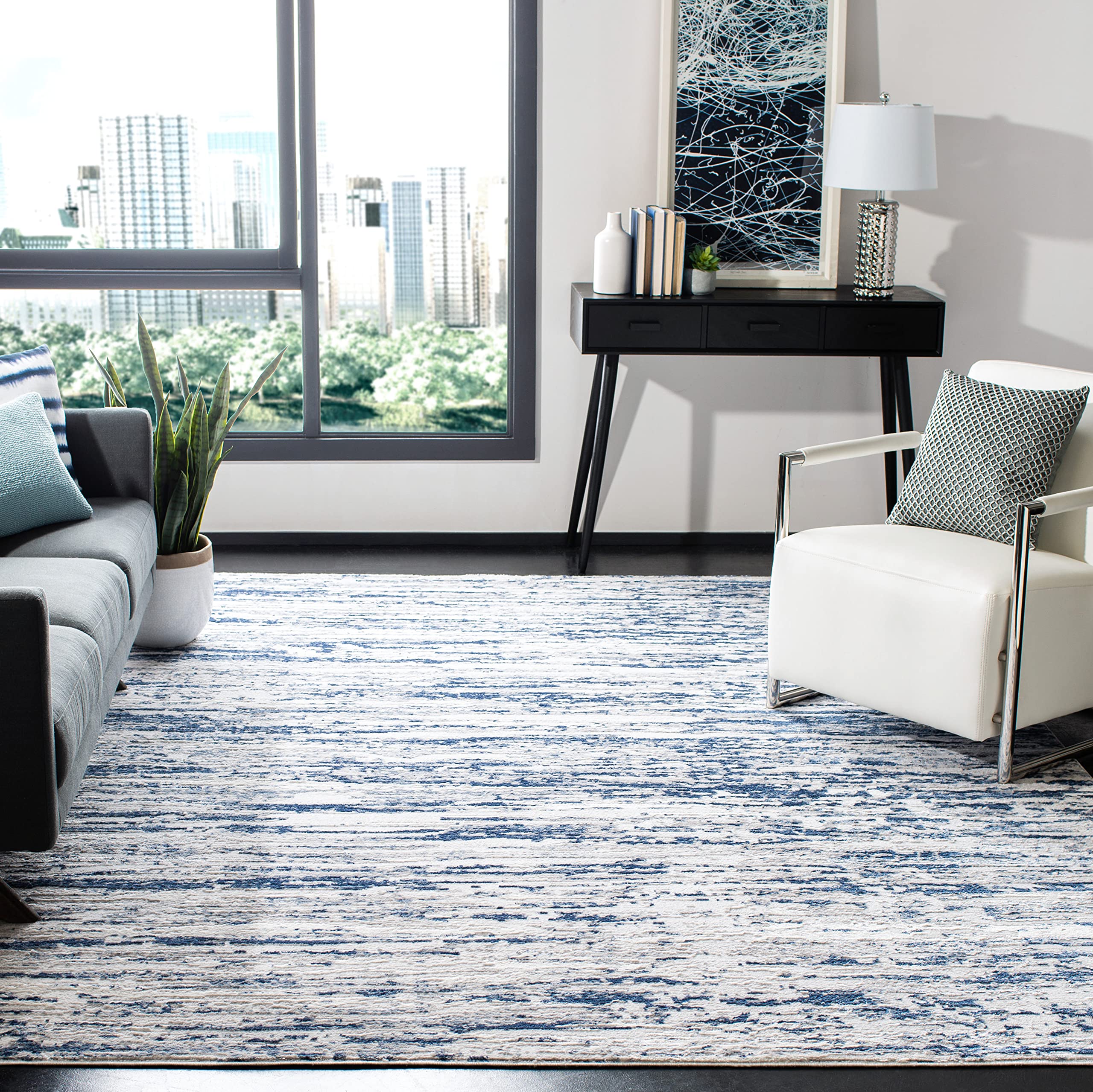 SAFAVIEH Amelia Collection Area Rug - 9 x 12, Grey & Navy, Modern Abstract Design, Non-Shedding & Easy Care, Ideal for High Tr
