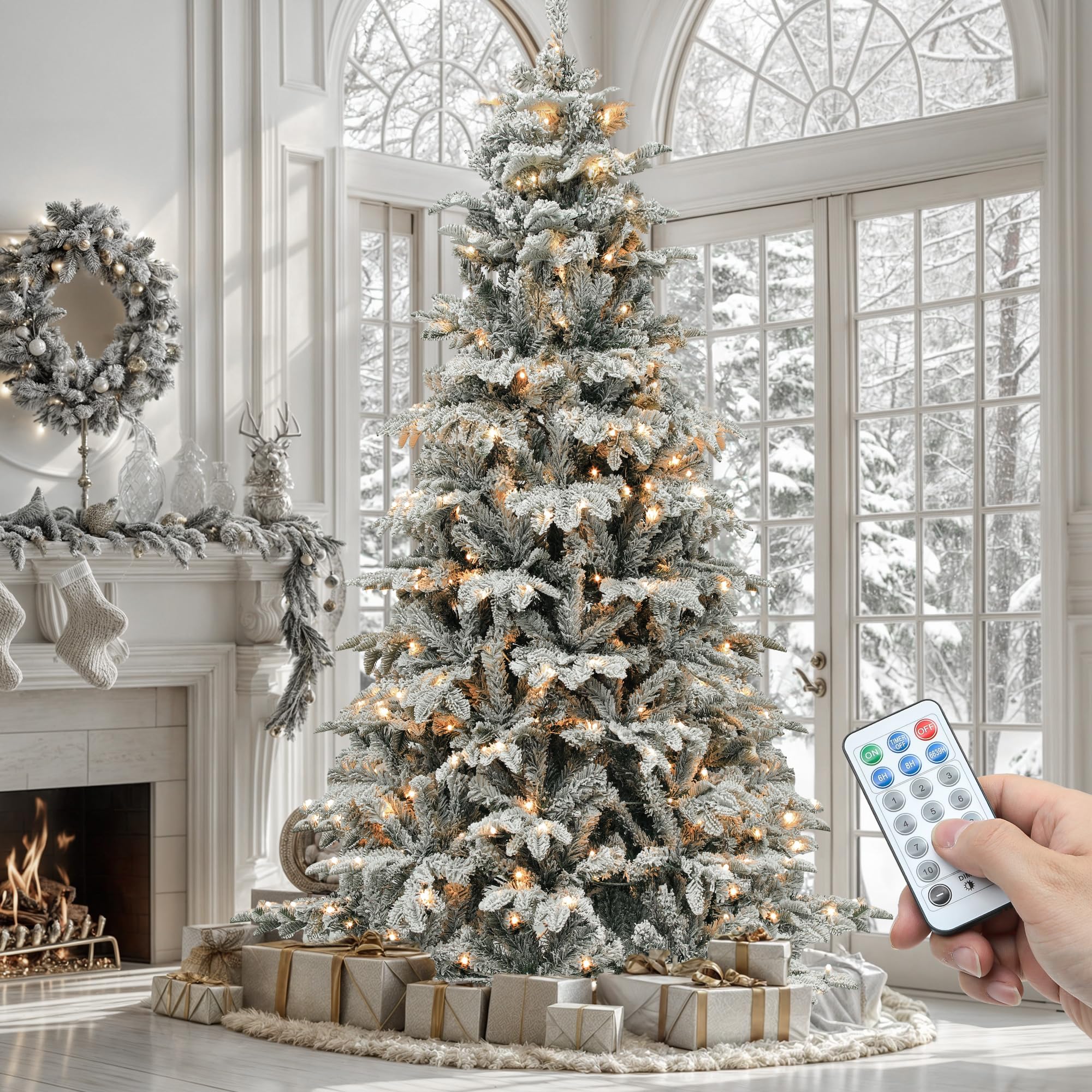 YITAHOME Pre-Lit Flocked Artificial Christmas Tree with Remote, 6.5 FT Snow Flocked Natural Layered Christmas Tree with 760 PE &