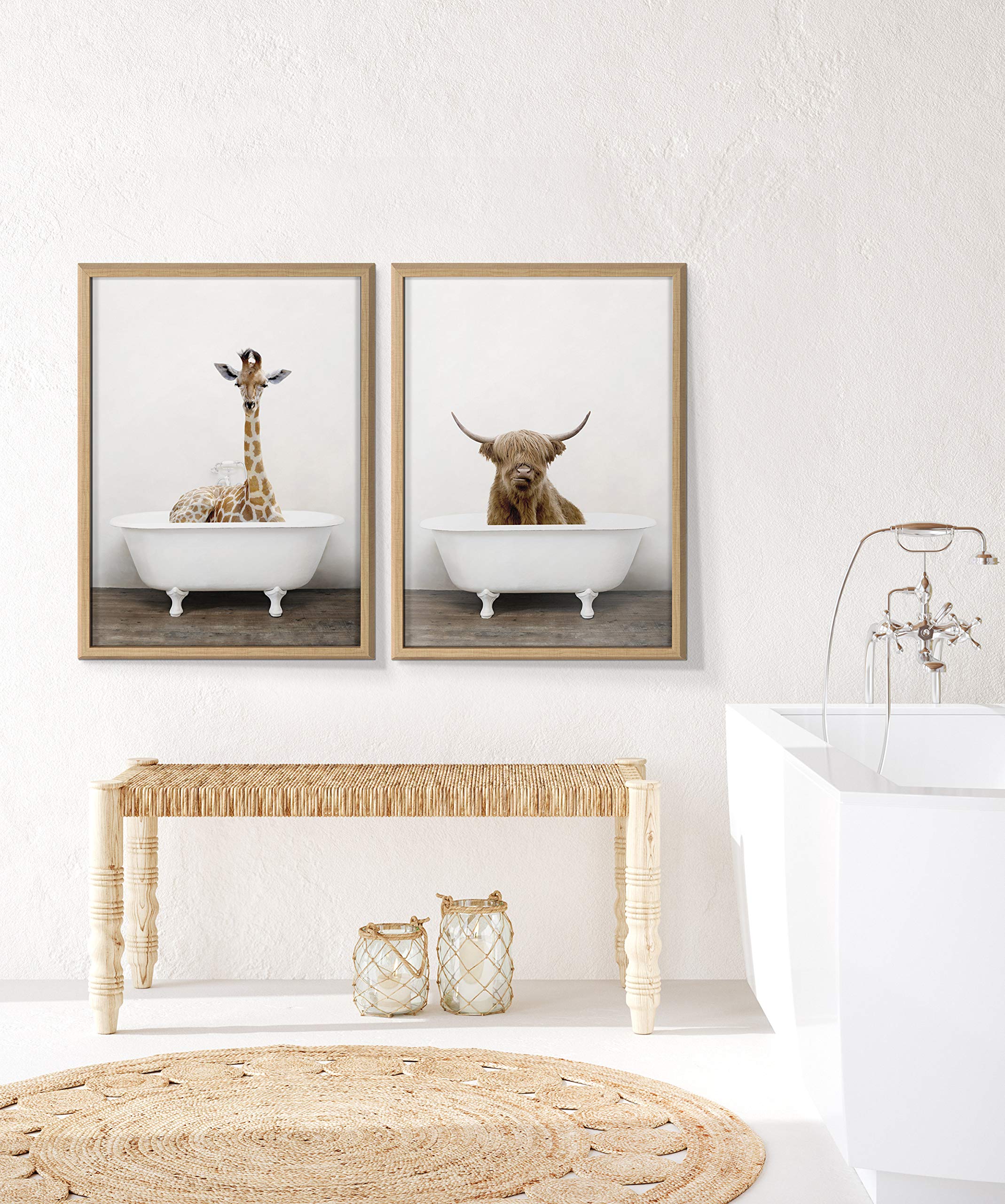 Kate and Laurel Blake Highland Cow in Tub Color Framed Printed Glass Wall Art by Amy Peterson Art Studio  18x24 Natural  Farmhouse Inspired Animal Art for Wall