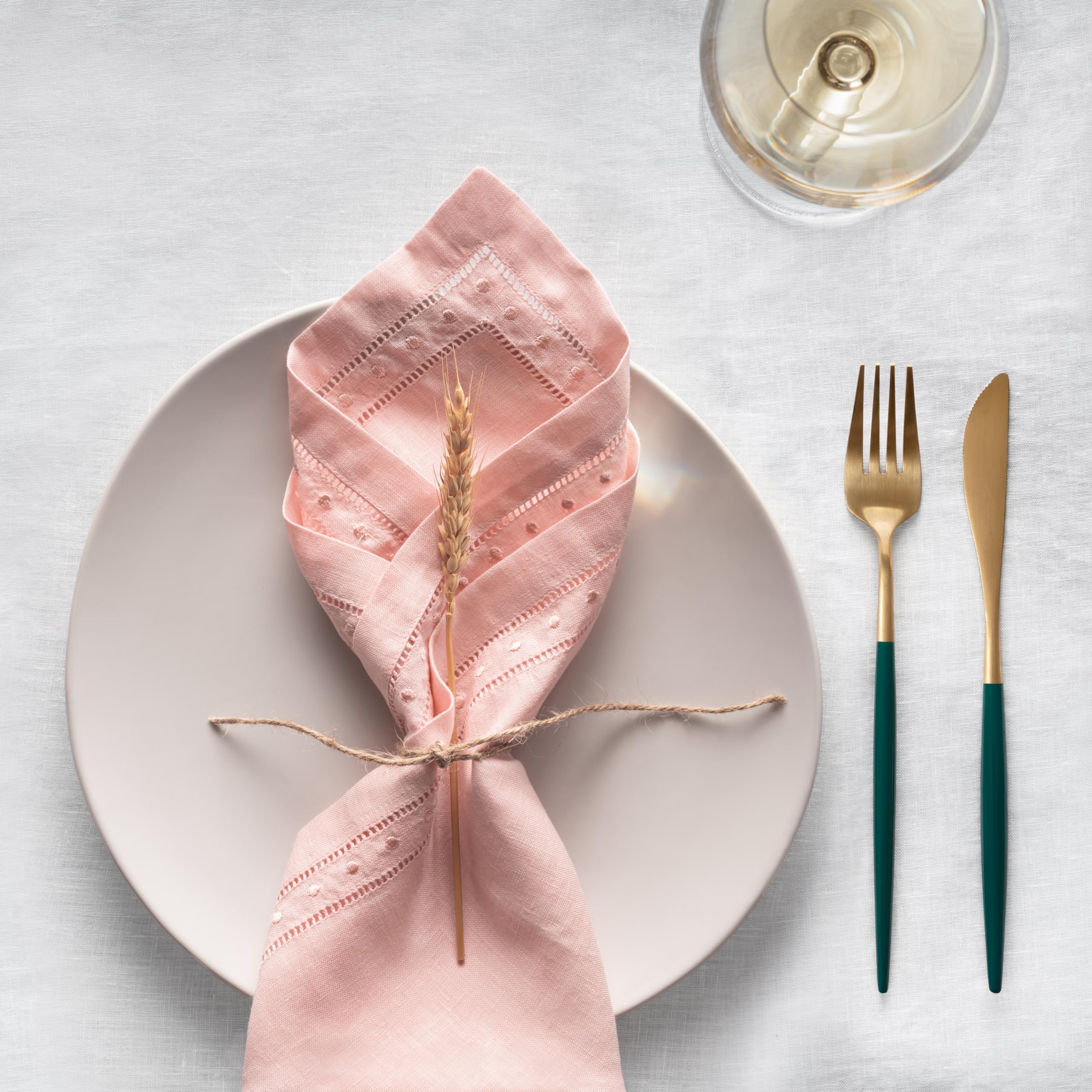Linen Napkins Set Of 4-100% Flax Linen Blush Pink Dinner Napkins With Embroidered Dot 18 X 18 Inch - Hemstitch Cloth Napkins Was