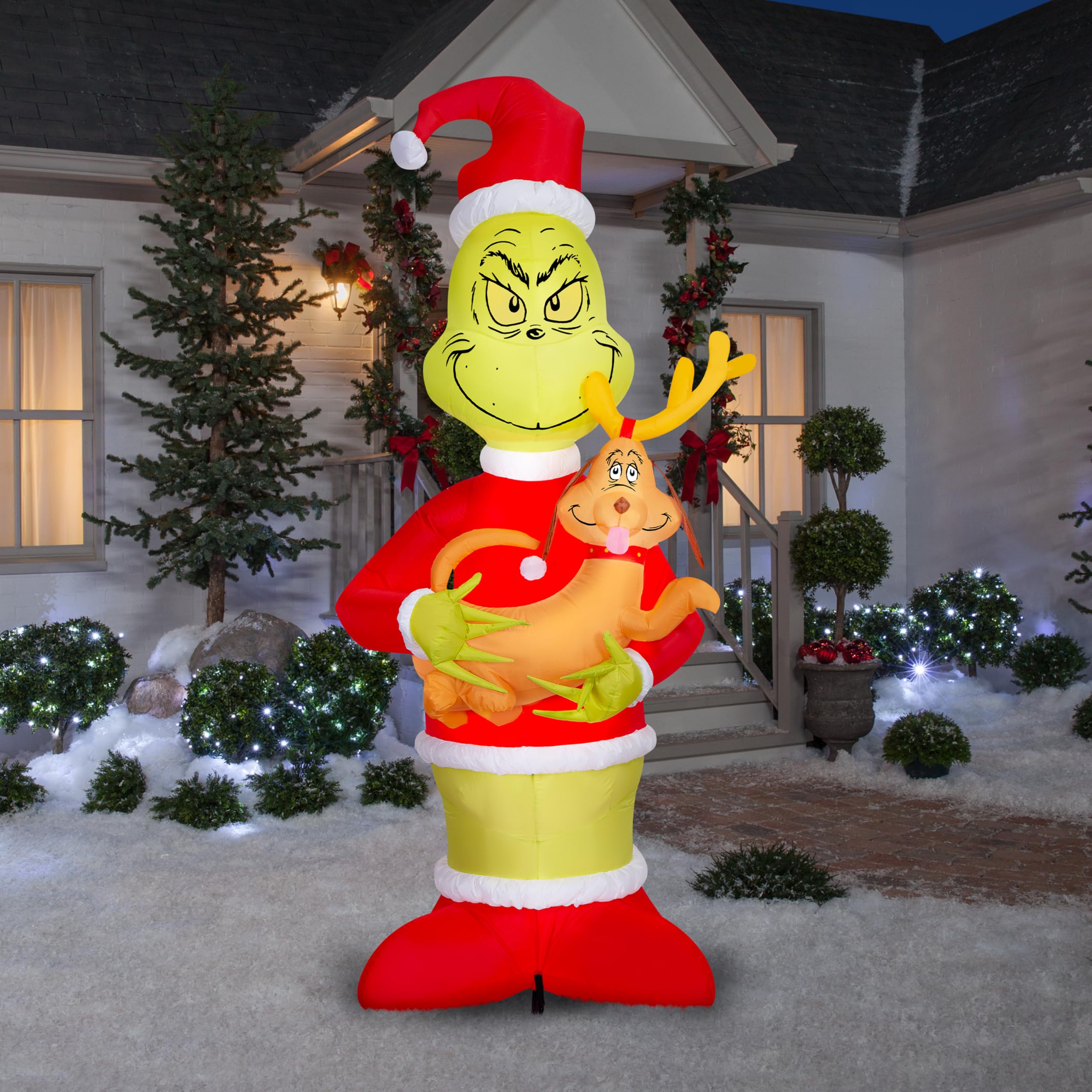 Gemmy 8 ft Tall Inflatable Grinch Holding Max - Red/Green Polyester Christmas Decor, Model 883689