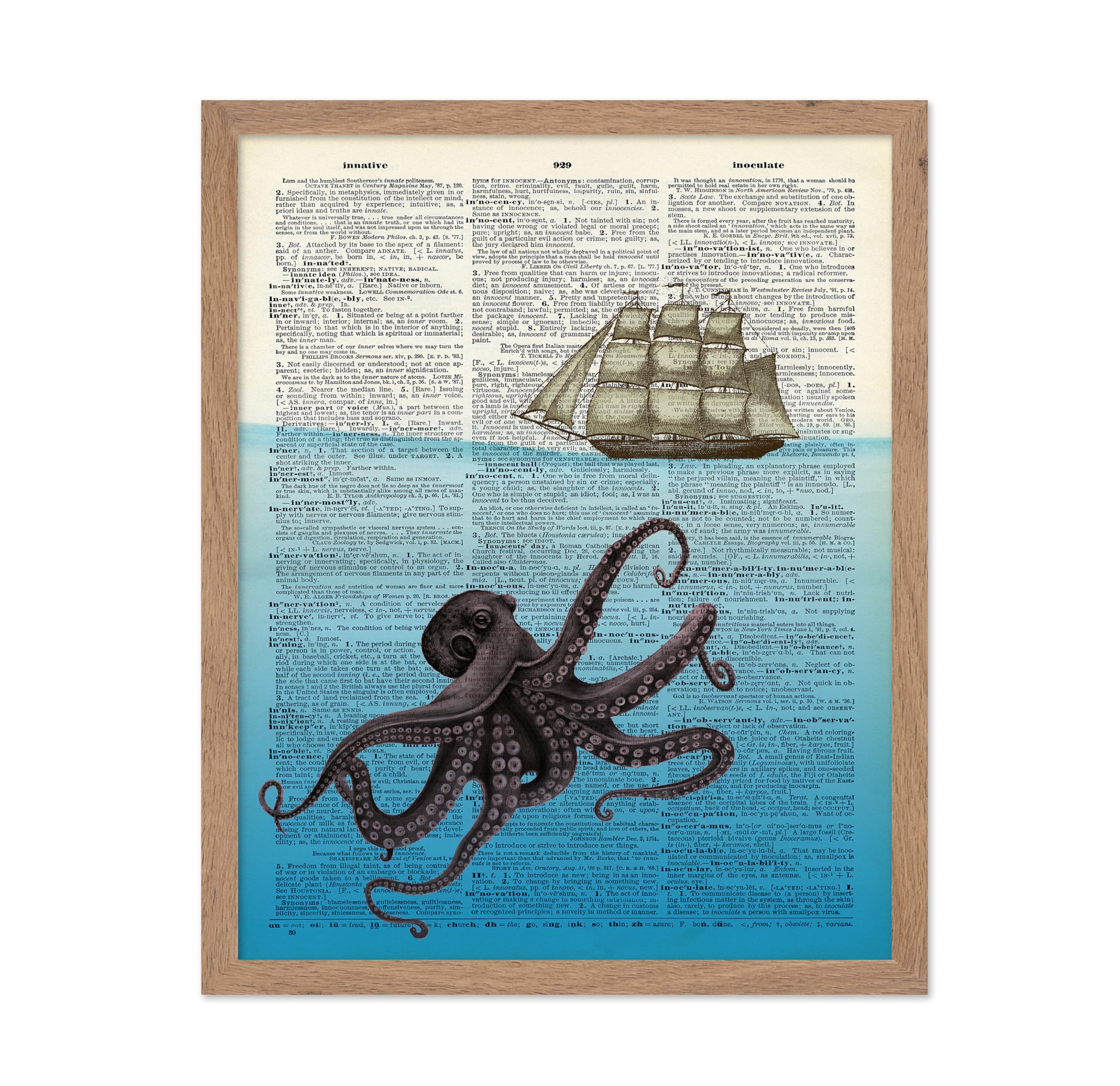 Poster Master Dictionary Art Poster - Octopus and Ship Print - Octopus Art - Kraken Art - Deep Sea Art - Gift for Men, Women - N