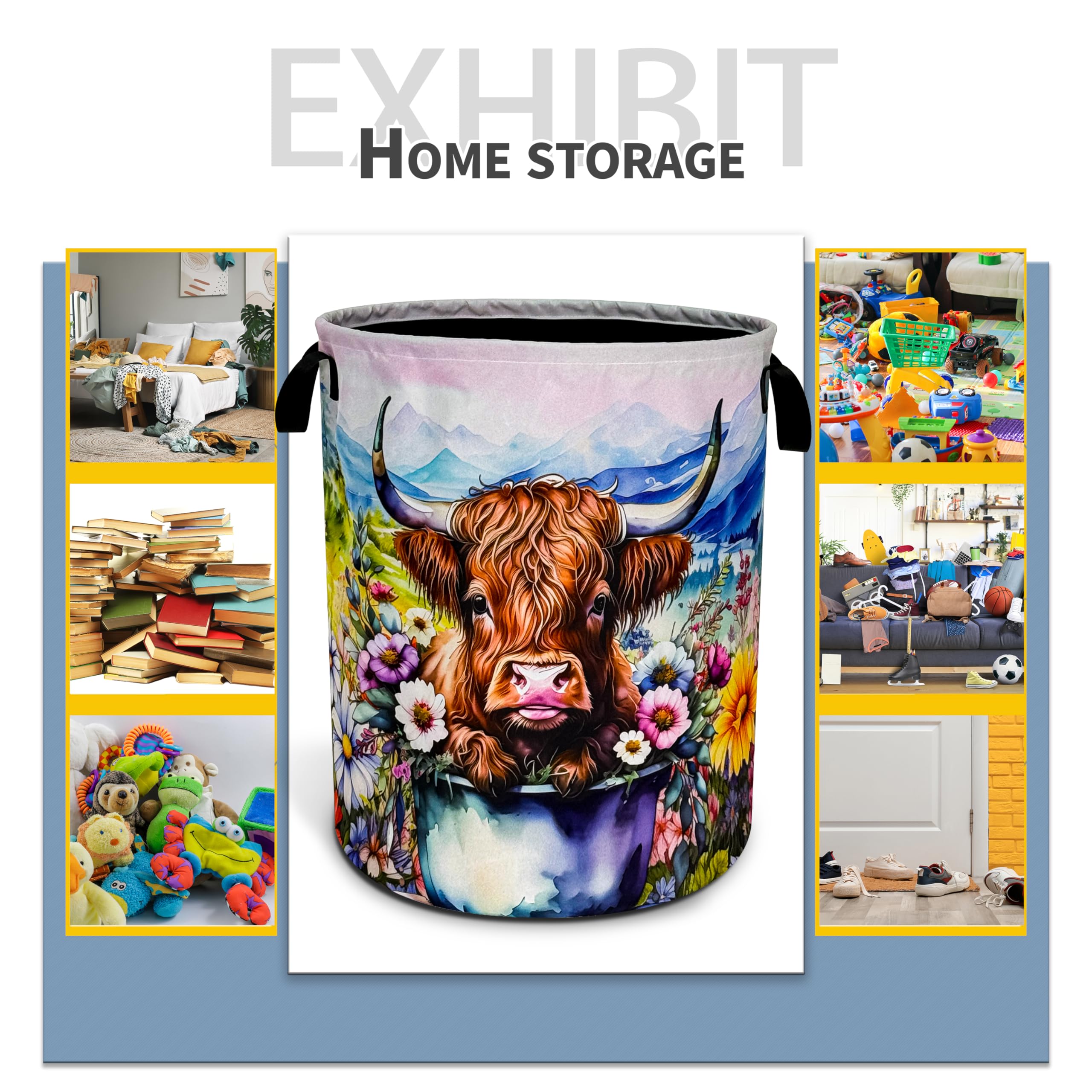 Highland Cow Laundry Basket Colorful Flowers Foldable Oxford Cloth Funny Tote Bag Laundry Hamper Clothes Storage Bucket Toy Orga