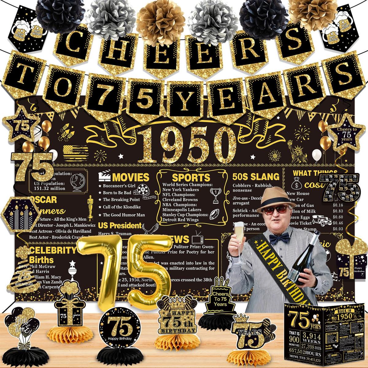 75Th Birthday Decorations For Men Women,24Pcs 1950 Banner Decorations,Including Banner,6 Honeycomb Topper,75 Balloons,Anniversar