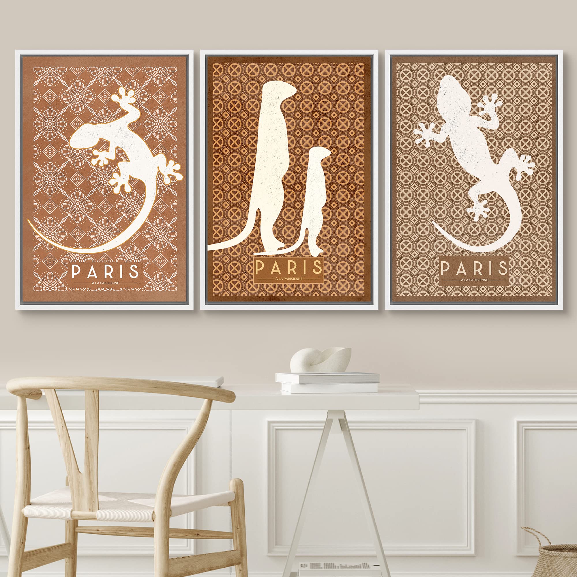 Signwin Framed Canvas Print Wall Art Set Paris France Meerkat Gecko Pattern Nature Animals Illustrations Modern Art Rustic Group