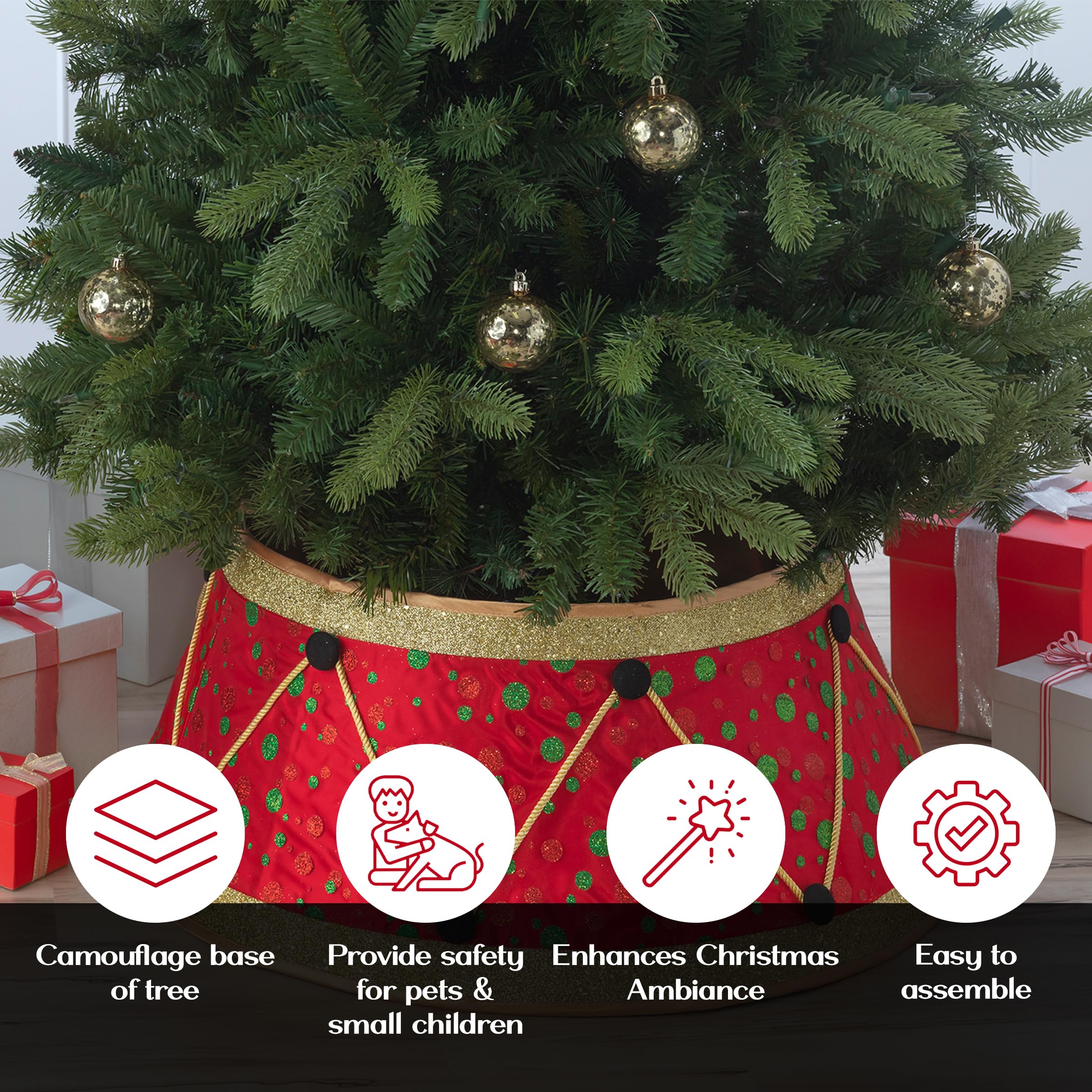 New Traditions Christmas Tree Collar - Red & Green Drum Design - 26 Diameter Fabric Stand Band for Artificial & Natural Trees -