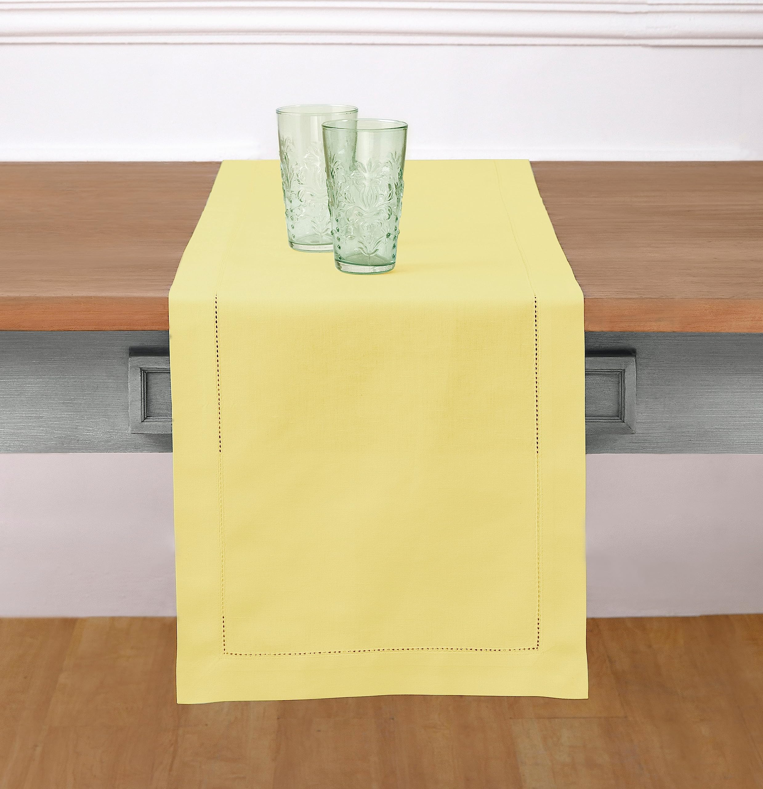 Solino Home Yellow Table Runner 48 Inch - Cotton Linen Hemstitch Short Table Runner 14 X 48 Inch Ideal For Dresser And Coffee Ta