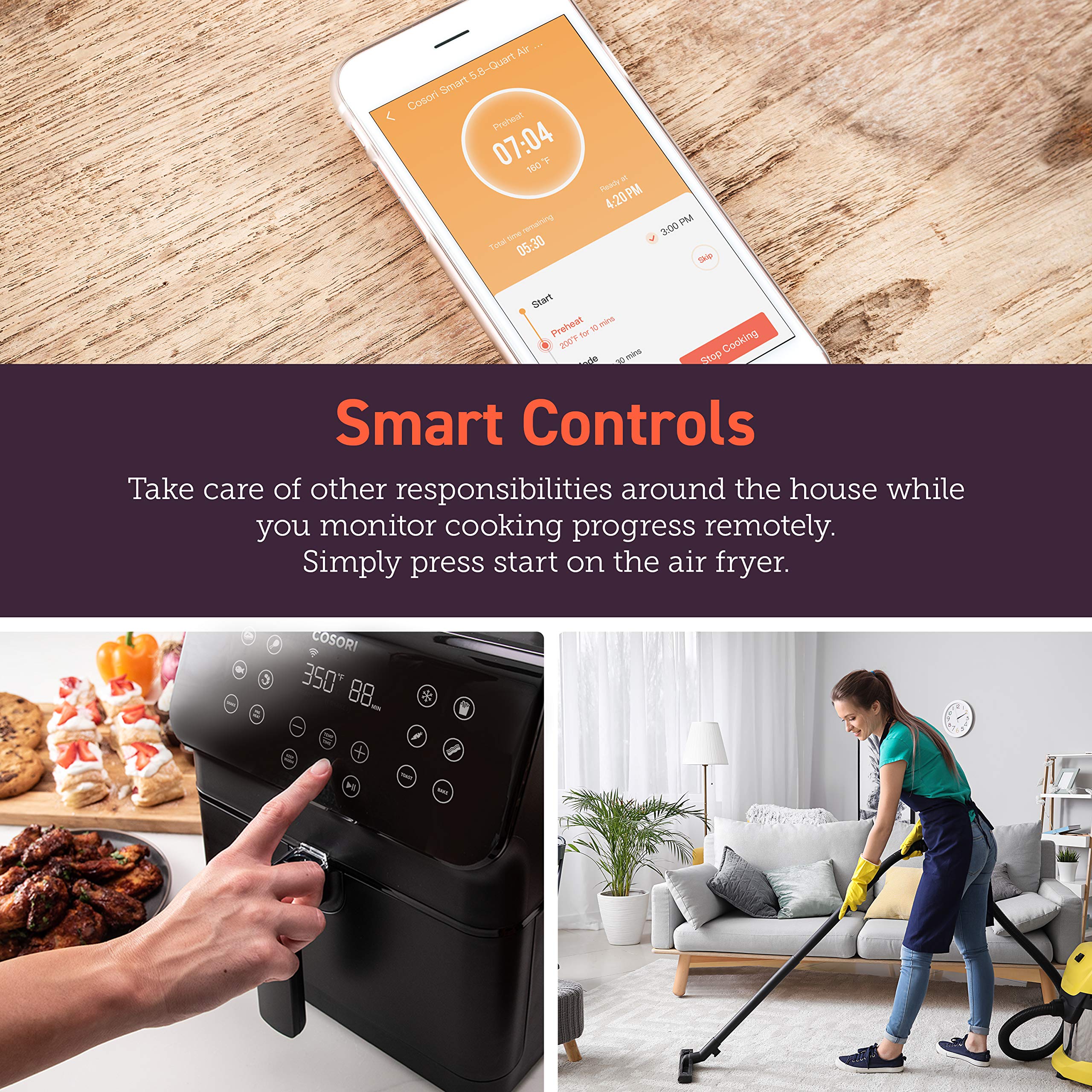 Cosori Air Fryer Pro Smart 5.8Qt That Roast, Bake, 3-Way Control, 12-In-1 Customizable Functions, Online Recipes, Detachable Bas