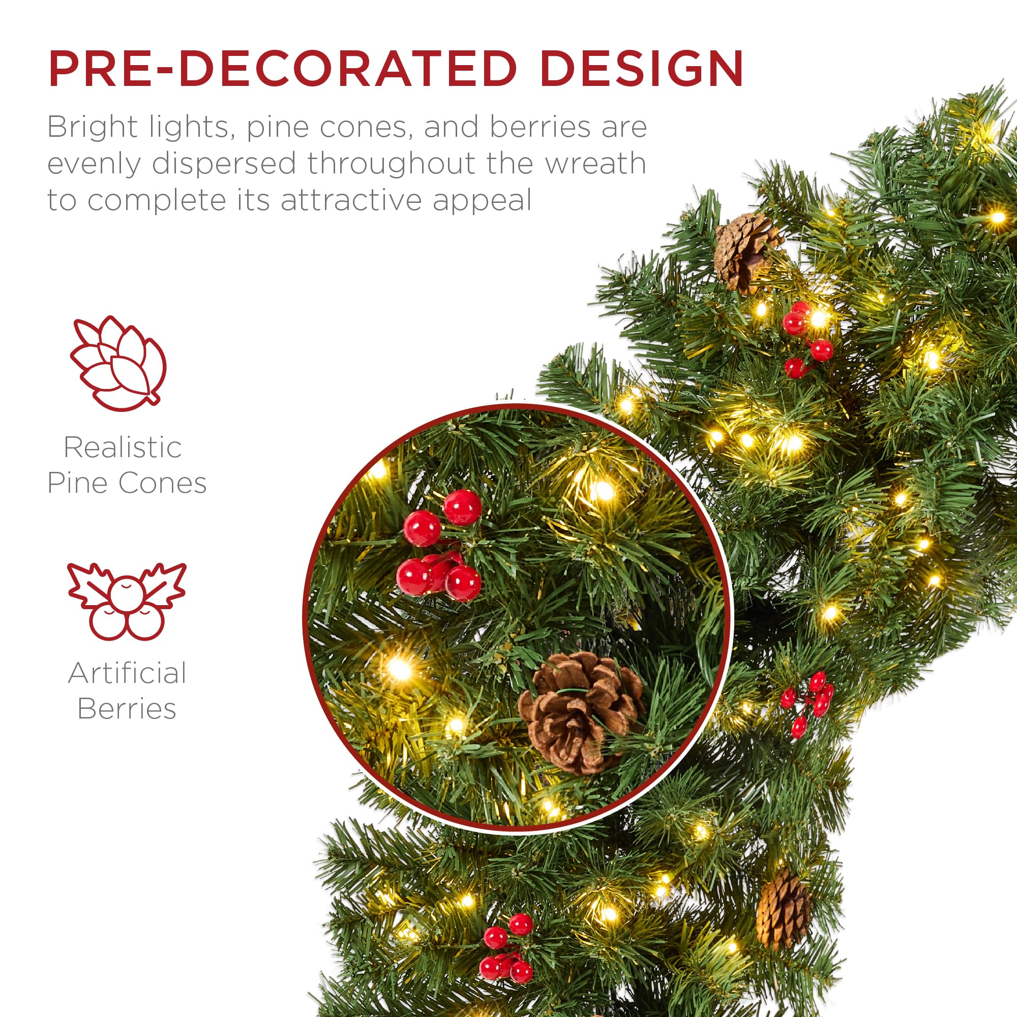 Best Choice Products 36in Pre-Lit Christmas Wreath w/Berries & Pinecones, Large Artificial Indoor/Outdoor Decor for Door, Mantel