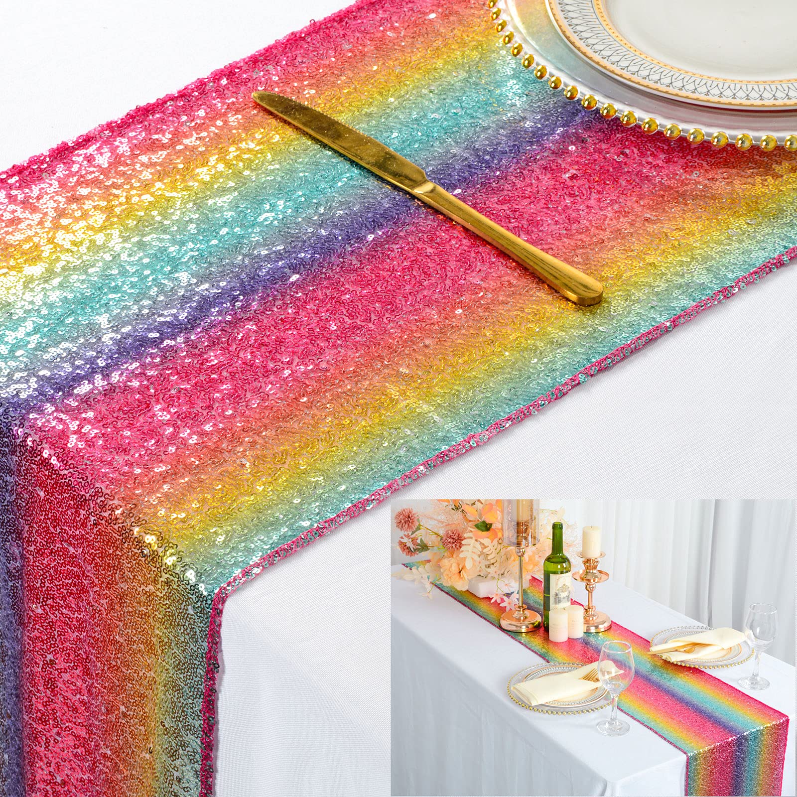 Shinybeauty Rainbow Table Runners Pack Of 2 Sequin Table Runners 12Inx108In Multicolor Home Decor Dining Table Runner 108 Inches
