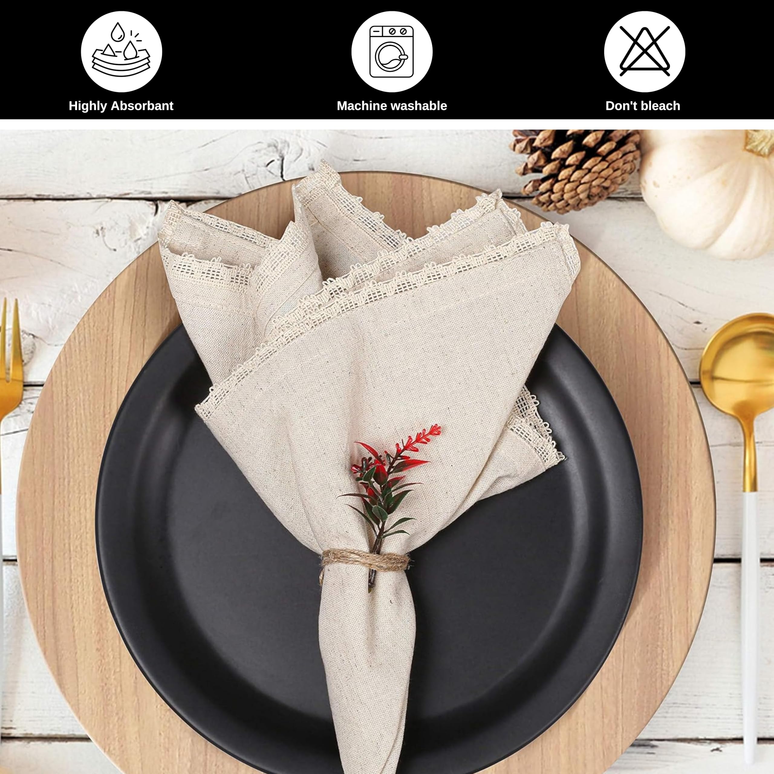 Bedding Craft Set Of 12 Linen Flax Cotton Cloth Dinner Napkin 18X18 With Lace In Natural Mitered Corners Perfect For Wedding, Ch