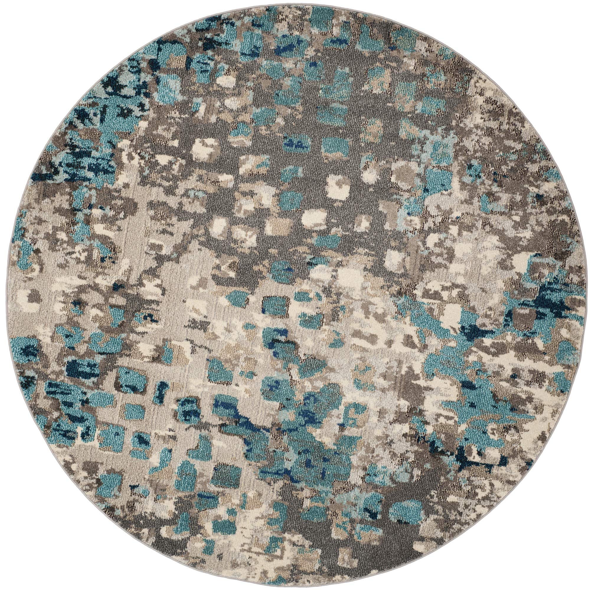 SAFAVIEH Monaco Collection Area Rug - 67 Round, Grey & Light Blue, Boho Chic Abstract Watercolor Design, Non-Shedding & Easy Ca