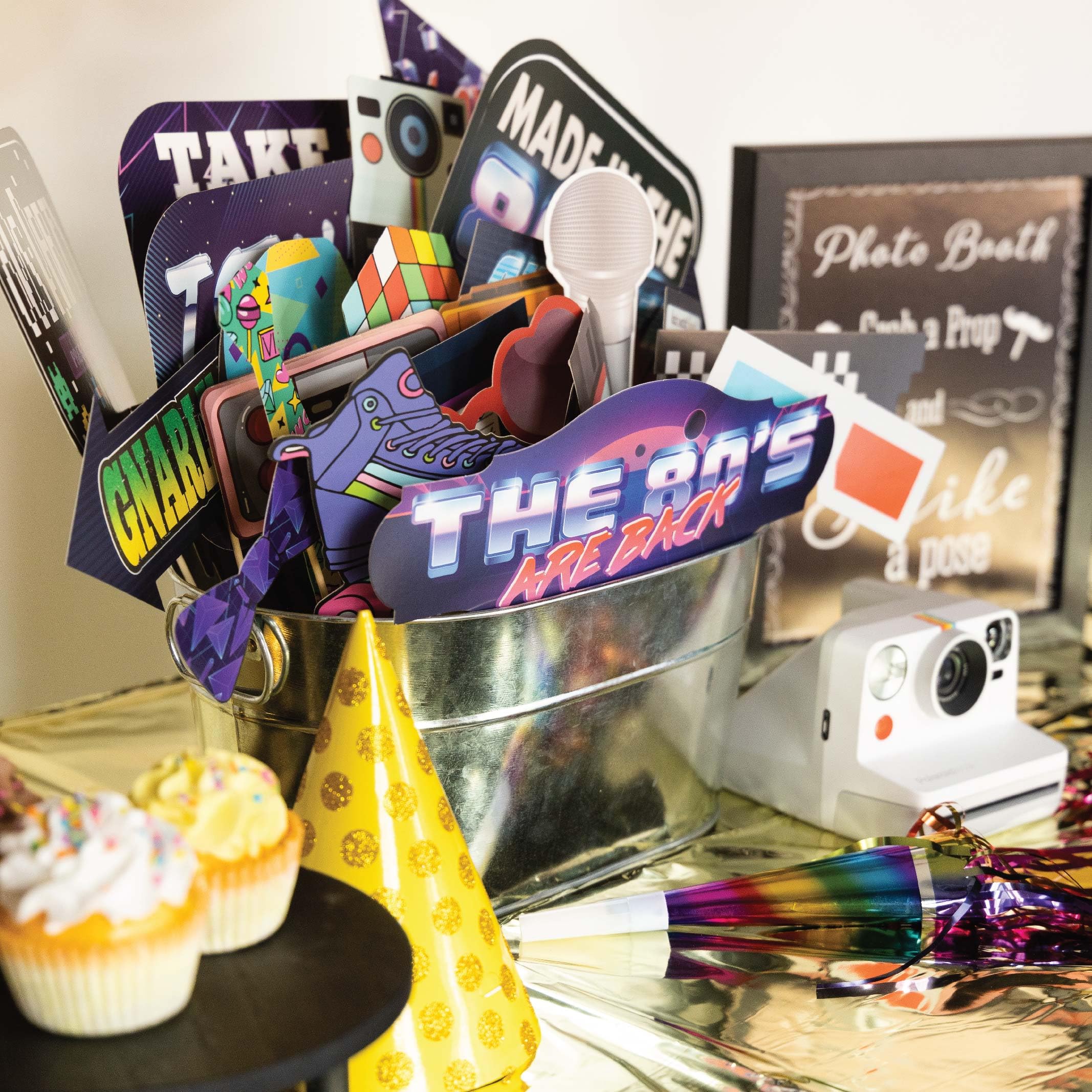 80s Photo Booth Props - 41-pc Photo Prop Kit with 8 x 10-Inch Sign  60 Adhesive Pads  45 Sticks - 80s Decorations - 80s Theme Party Decorations - 80's Theme Party Supplies