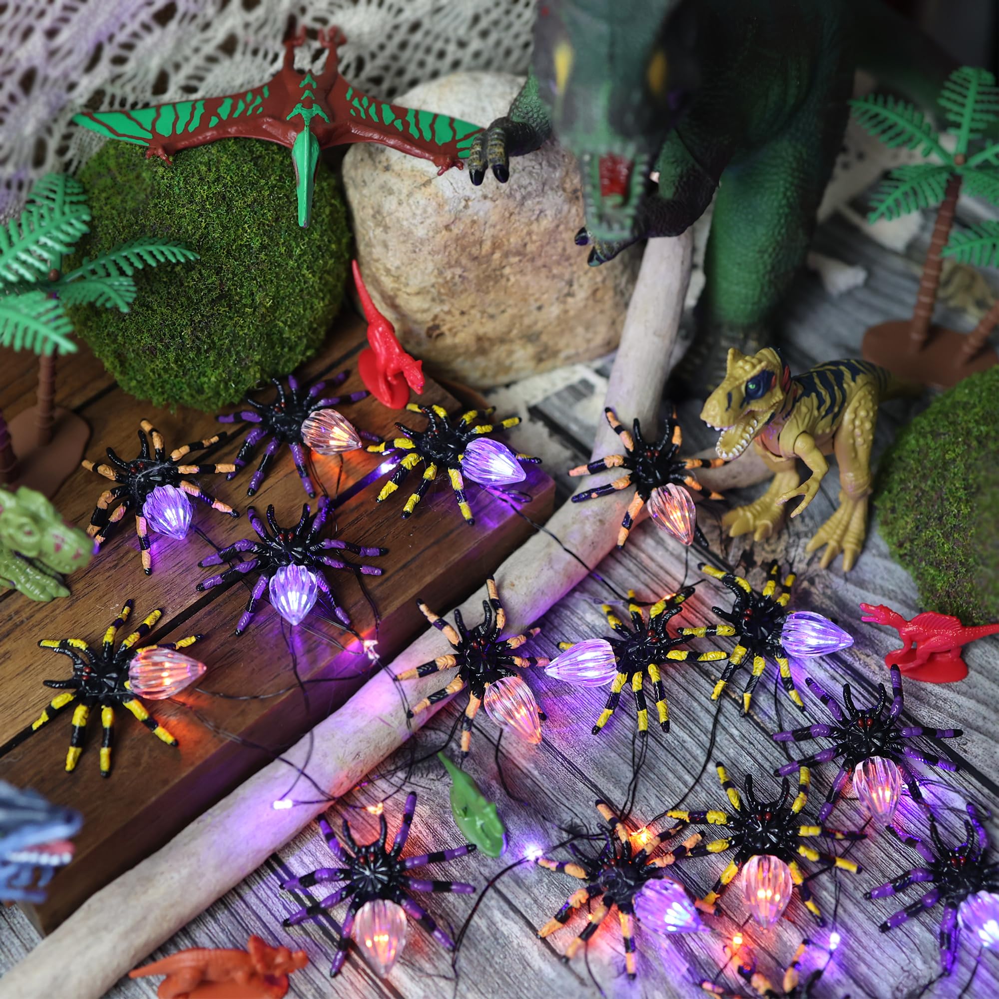 Belniak Spooky Glowing Spider Halloween Lights-Purple Orange 10FT String with 15 3D Spiders-Waterproof Battery Operated Fairy Li