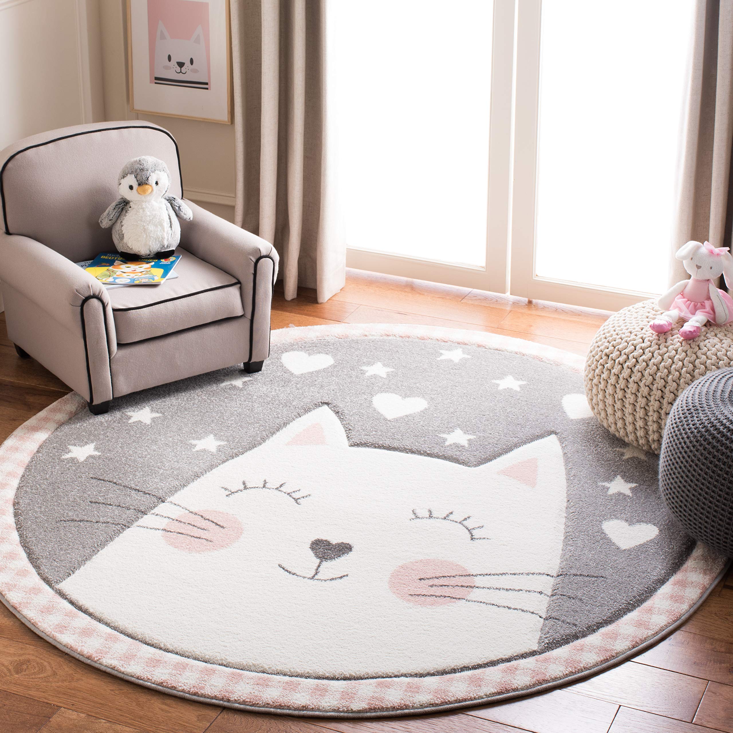 SAFAVIEH Carousel Kids Collection 53 Round Pink / Grey CRK134P Cat Nursery Playroom Area Rug