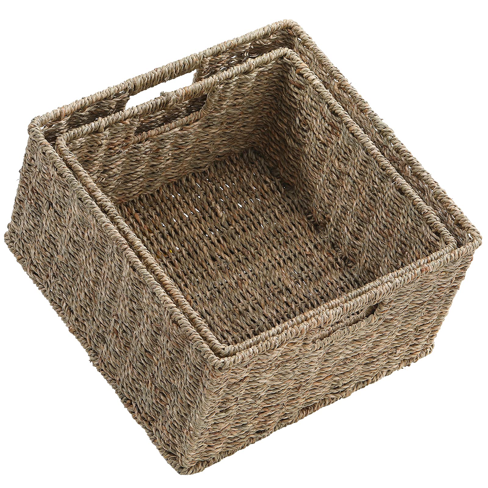 Hoonex Wicker Storage Baskets For Organizing, Decorative Woven Seagrass Baskets For Storage With Carrying Handles, Set Of 2, Nat