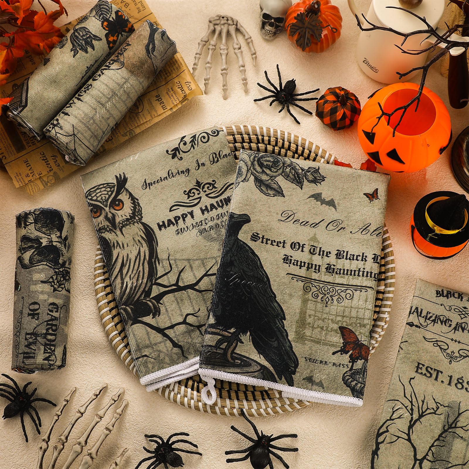 Ganeen 6 Pcs Halloween Kitchen Towels Set Halloween Skeletons Crows Owl Dish Vintage Terror Hand Cooking Baking Tea Towels for H