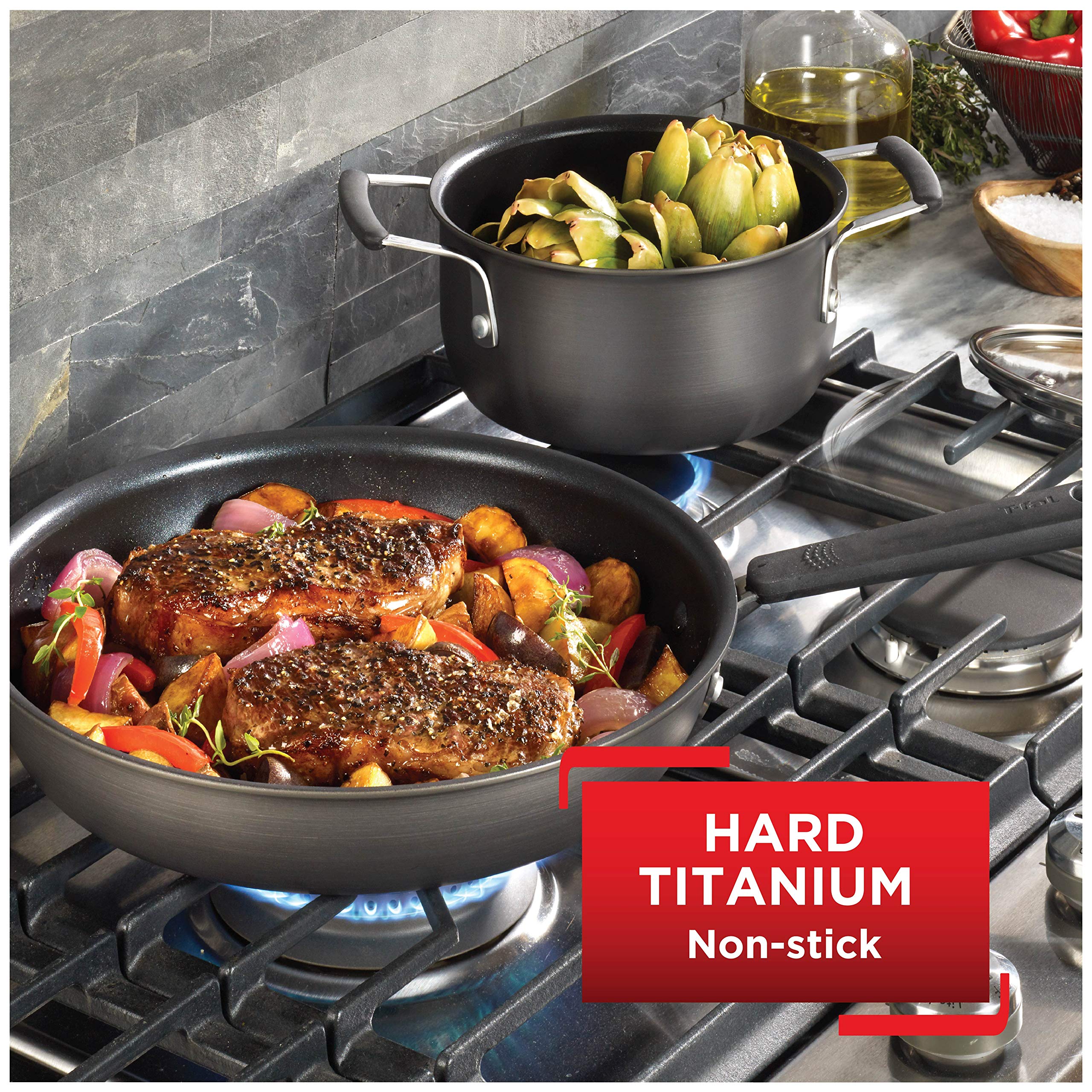 T-fal All In One Hard Anodized Nonstick cookware Set 12 Piece Pots and Pans, Dishwasher Safe Black