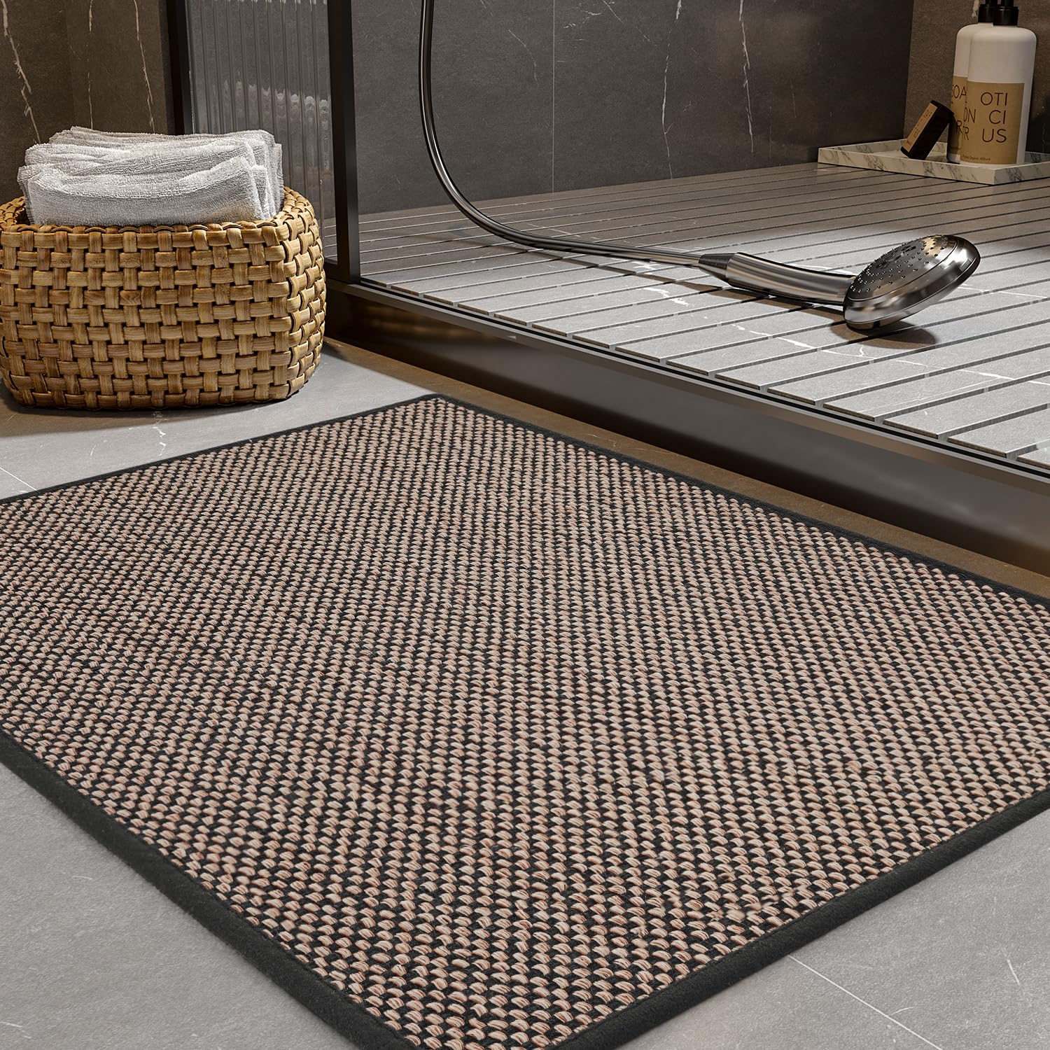 Padoor Non-Slip Bath-Mats, Rubber-Backing Braided Absorbent Mats, Machine Washable Thin Bath Rugs Fit Under Door, Quick Dry For