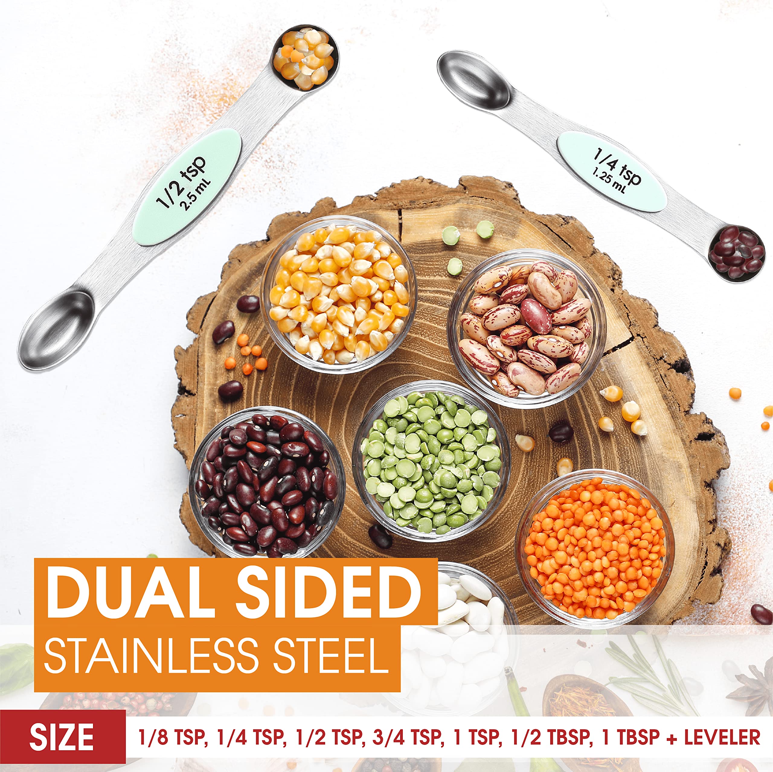 Spring Chef Stainless Steel Magnetic Measuring Spoons Set Of 8 With Leveler, Nesting Metal Teaspoon & Tablespoon Measuring Spoon