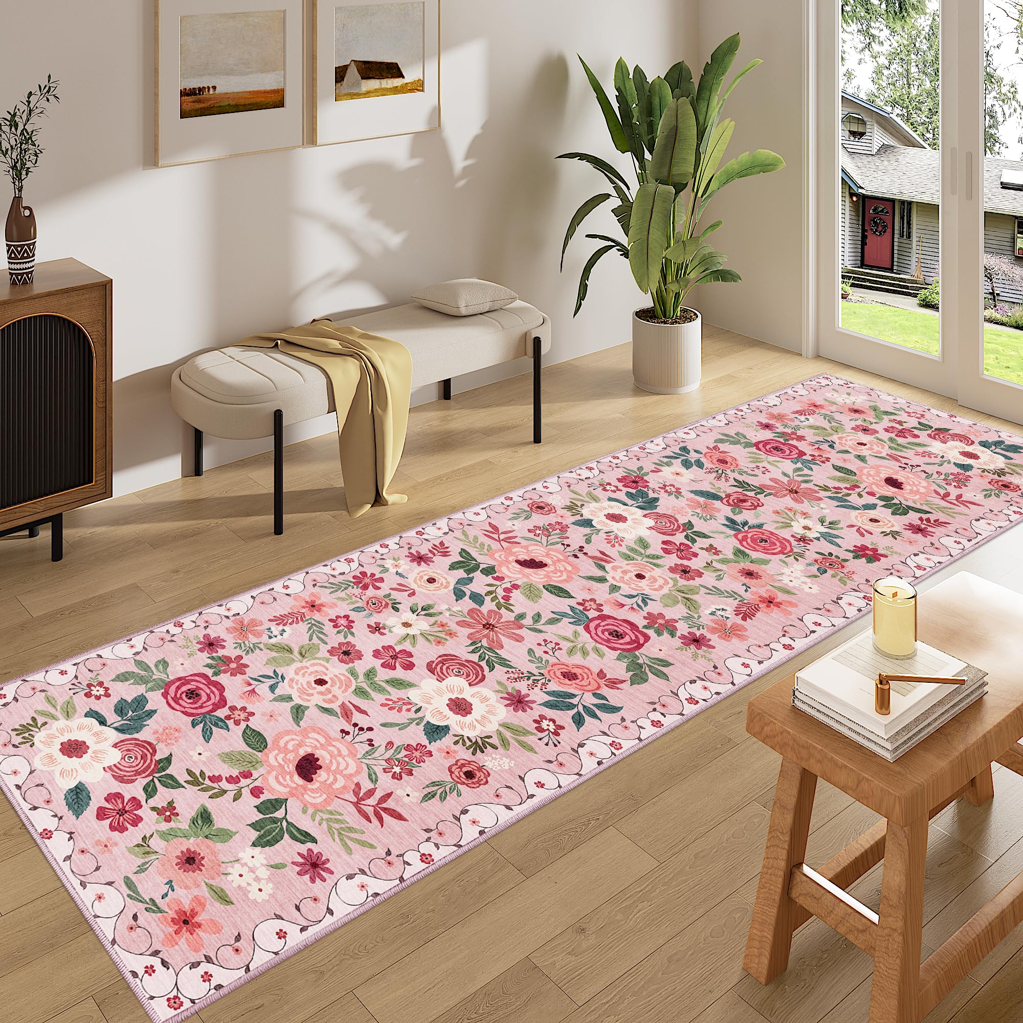 DUKINO 2x8 Runner Rug for Hallway, Washable Kitchen Runner Rug with Rubber Backing Non Slip, Low Pile Soft Boho Floral Thin Carp