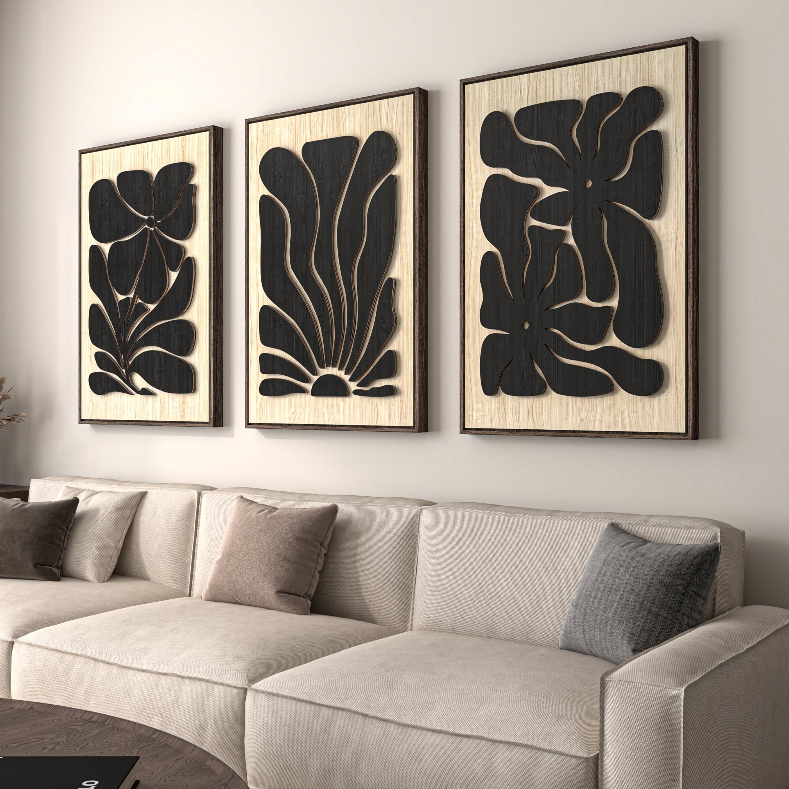 Framed Textured Wood Floral Wall Art For Living Room, Large 3D Boho Flower Black And Beige Artwork For Walls, 3 Piece Abstract B