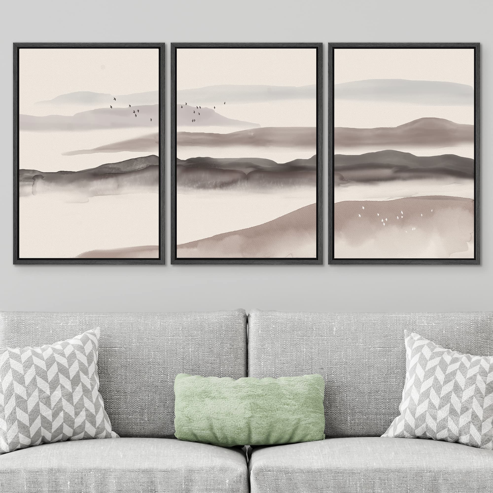 Signwin Framed Canvas Print Wall Art Set Dark Pastel Misty Mountain Range Nature Wilderness Illustrations Modern Art Decorative