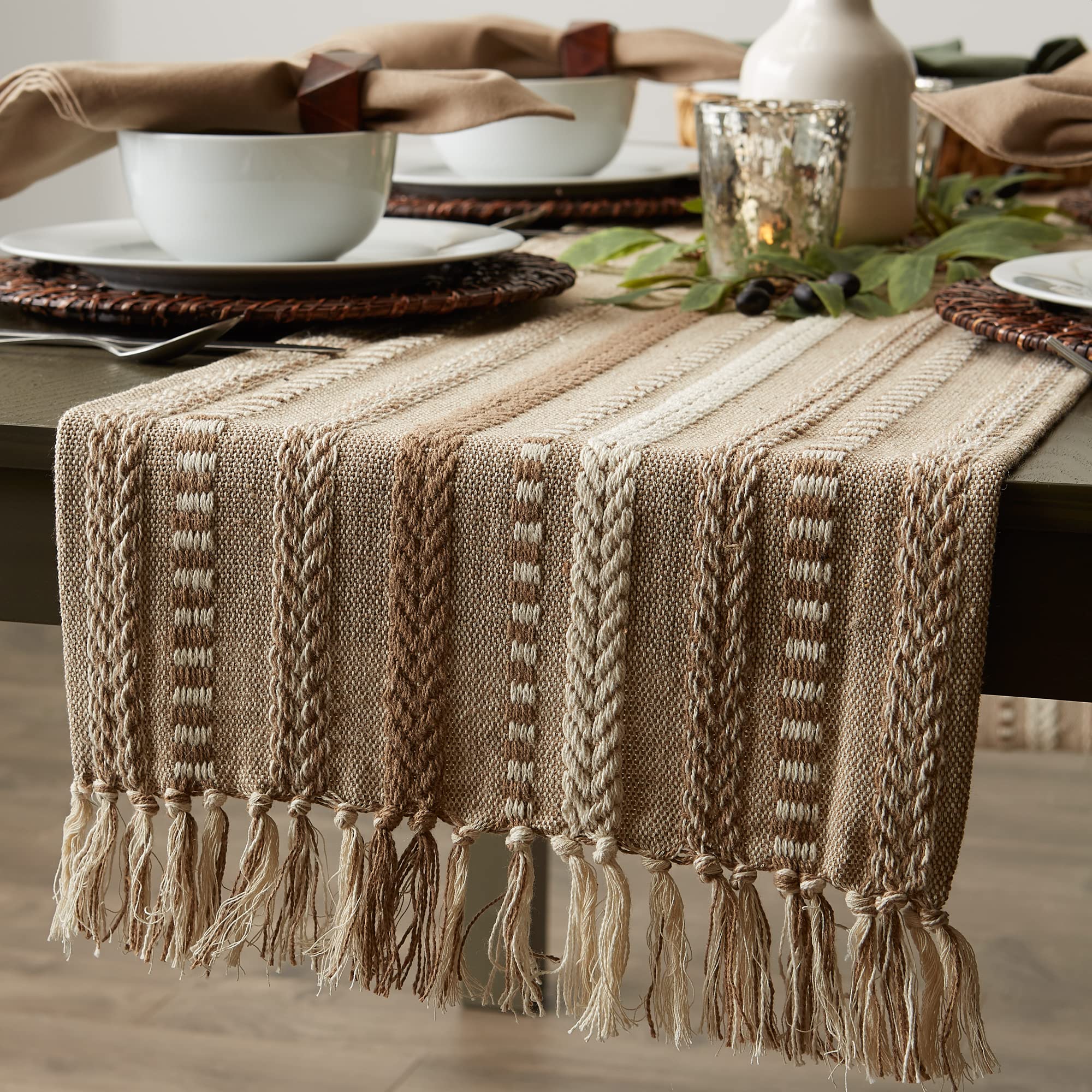 DII Farmhouse Braided Stripe Table Runner Collection  15x108 (15x113  Fringe Included)  Stone
