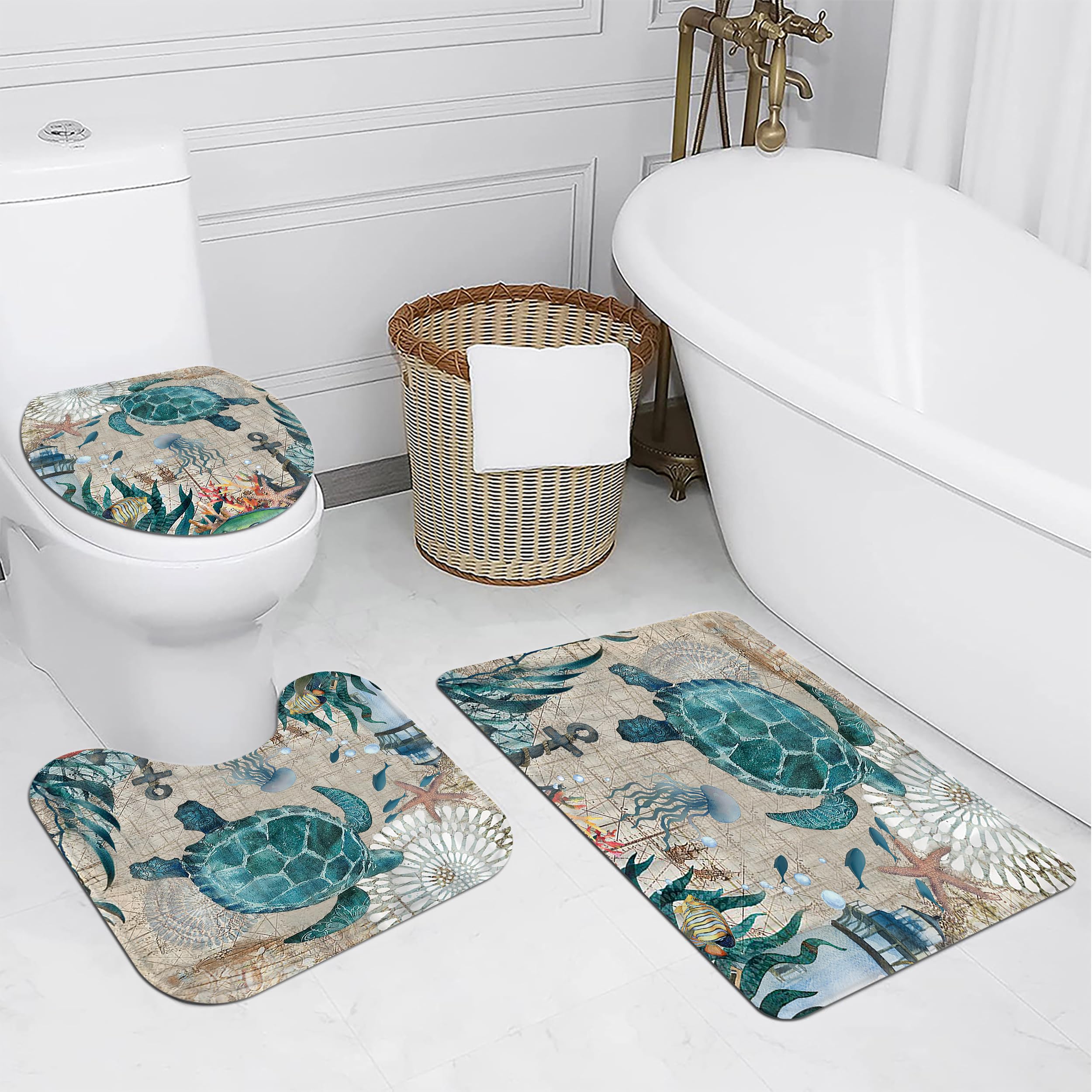 Planially 4Pcs Sea Turtle Shower Curtain Sets, Ocean Turtle Bathroom Sets With Shower Curtain And Rugs Durable Waterproof Curtai