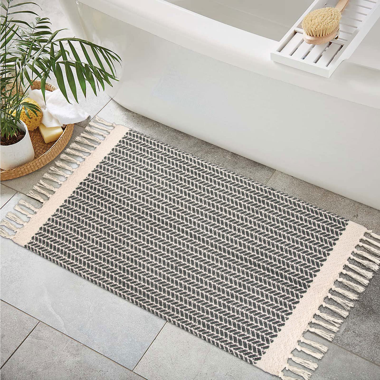 Lahome Boho Bathroom Rugs, Small 2x3 Entry Rug Washable Front Door Bath Mat Woven Cotton Area Rug with Tassels, Farmhouse Non-Sh