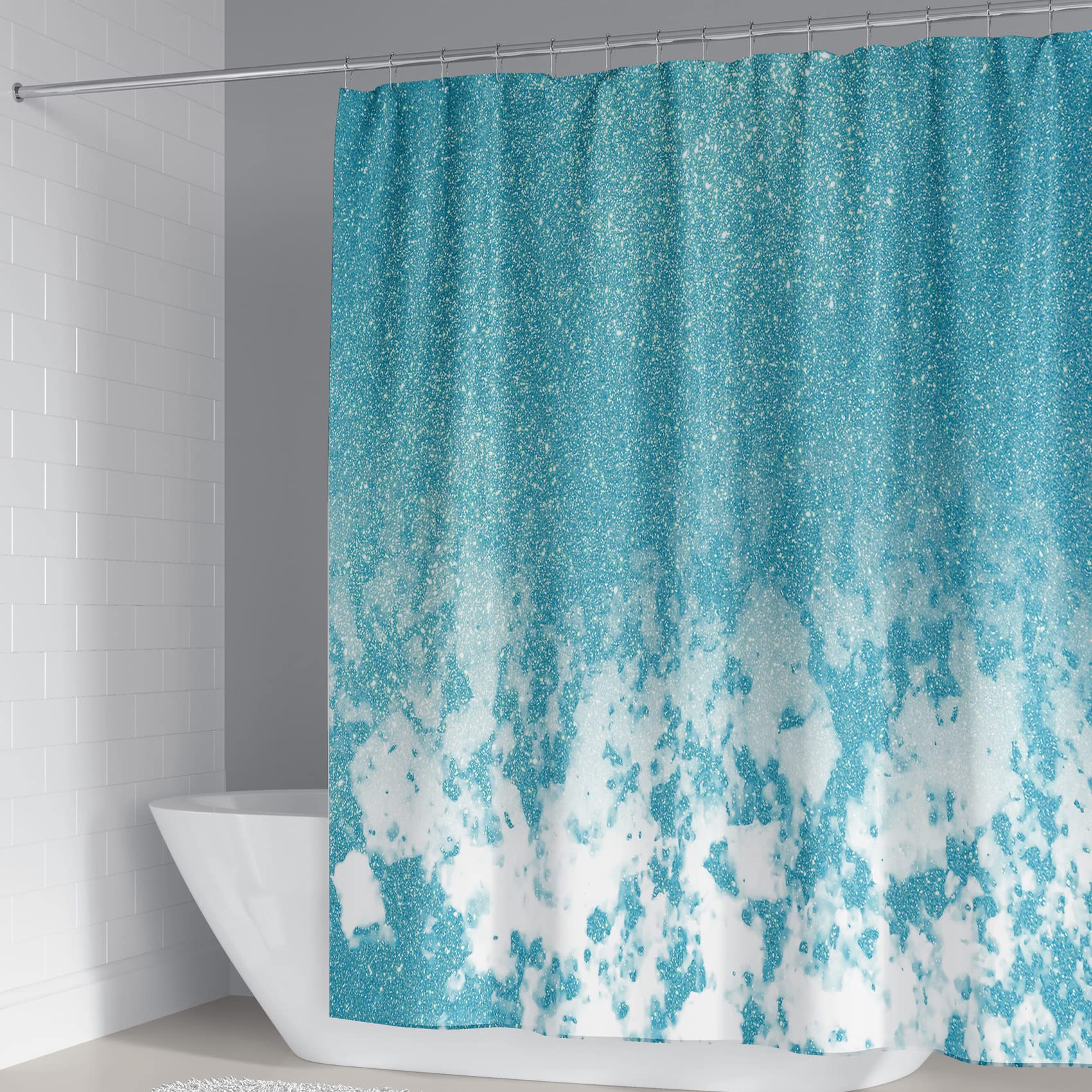 Beifivcl 4Pcs Blue Flash Shower Curtain Sets With Non-Slip Rugs, Toilet Lid Cover And Bath Mat, Glitter Marble Bathroom Decor Se