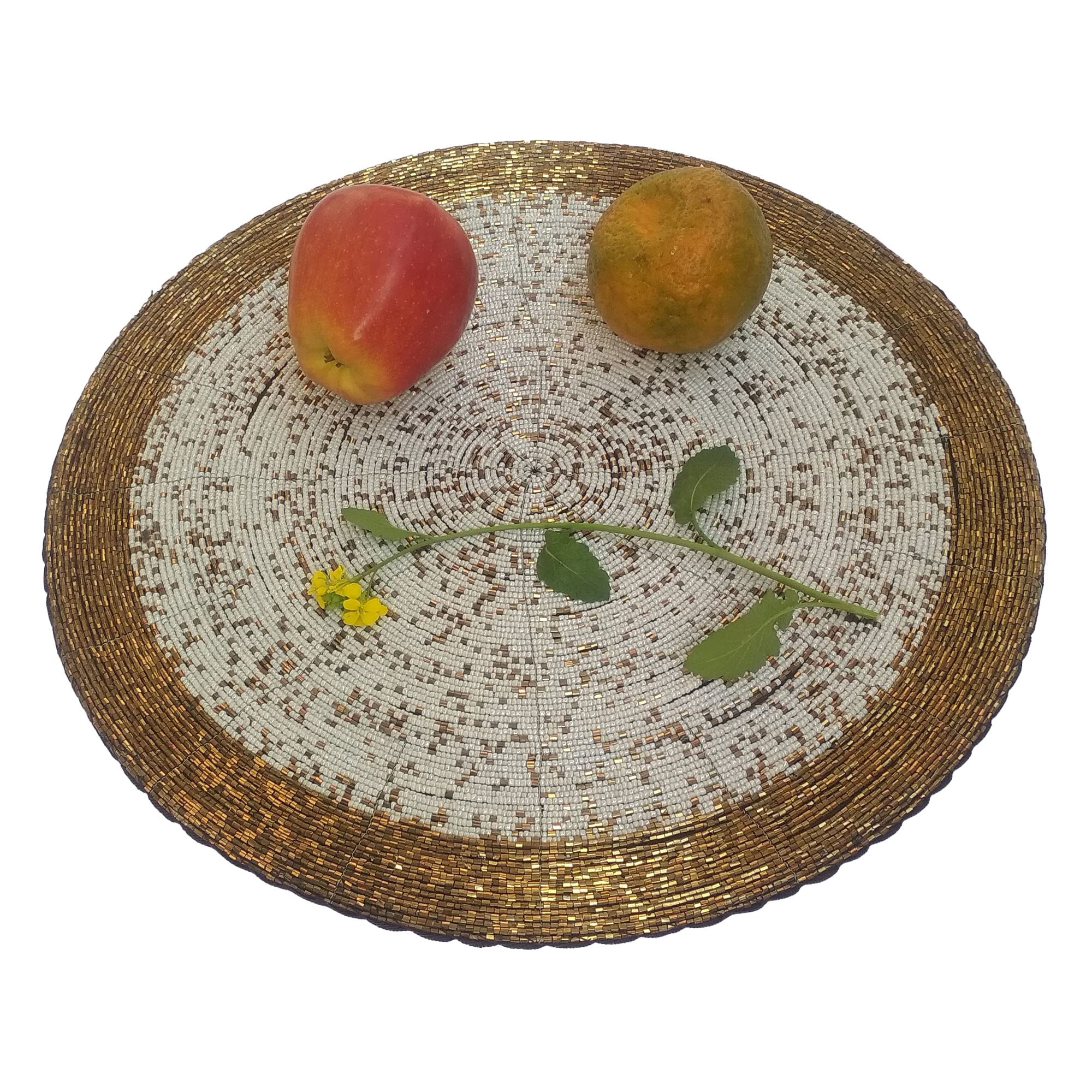 CANVASS Decorative 14 Inches Big Size Round Handmade Beaded White/Gold Placemat Perfect for Central Table (36 cms, Dia  14, Pa