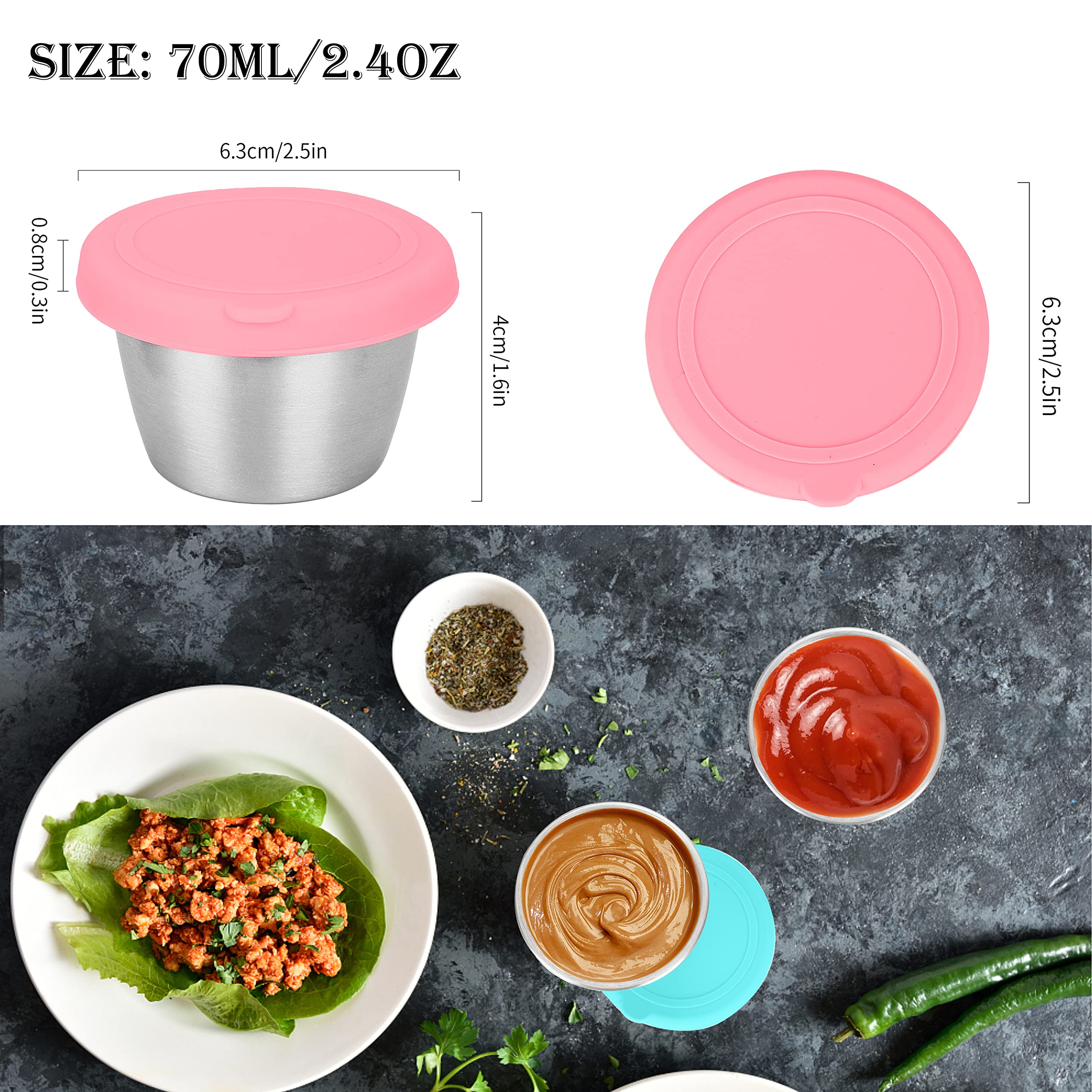 Bayrouth 12Pcs Reusable Salad Dressing Containers For Lunch Box,2.4Oz Small Condiment Containers With Lids,Stainless Steel Condi