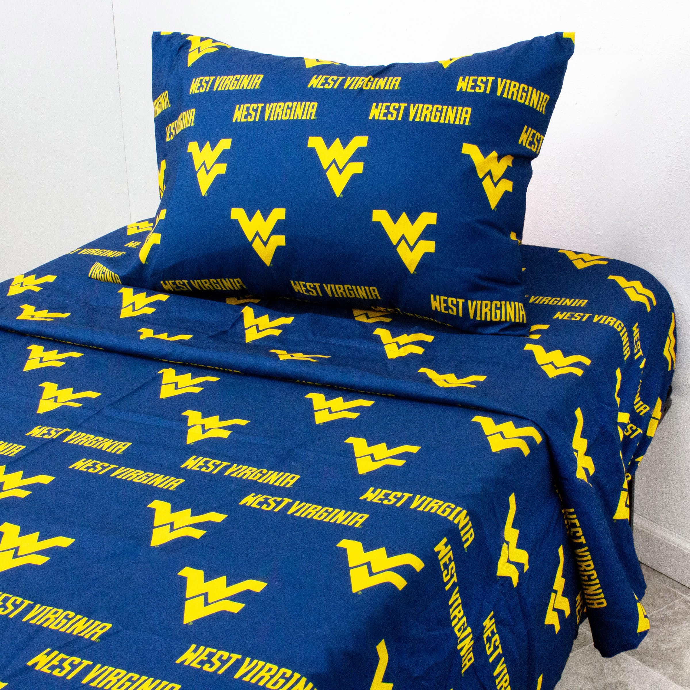 College Covers Everything Comfy West Virginia Mountaineers Full Sized 4 Piece Sheet Set, Team Color Background, 1 Flat Sheet, 1 