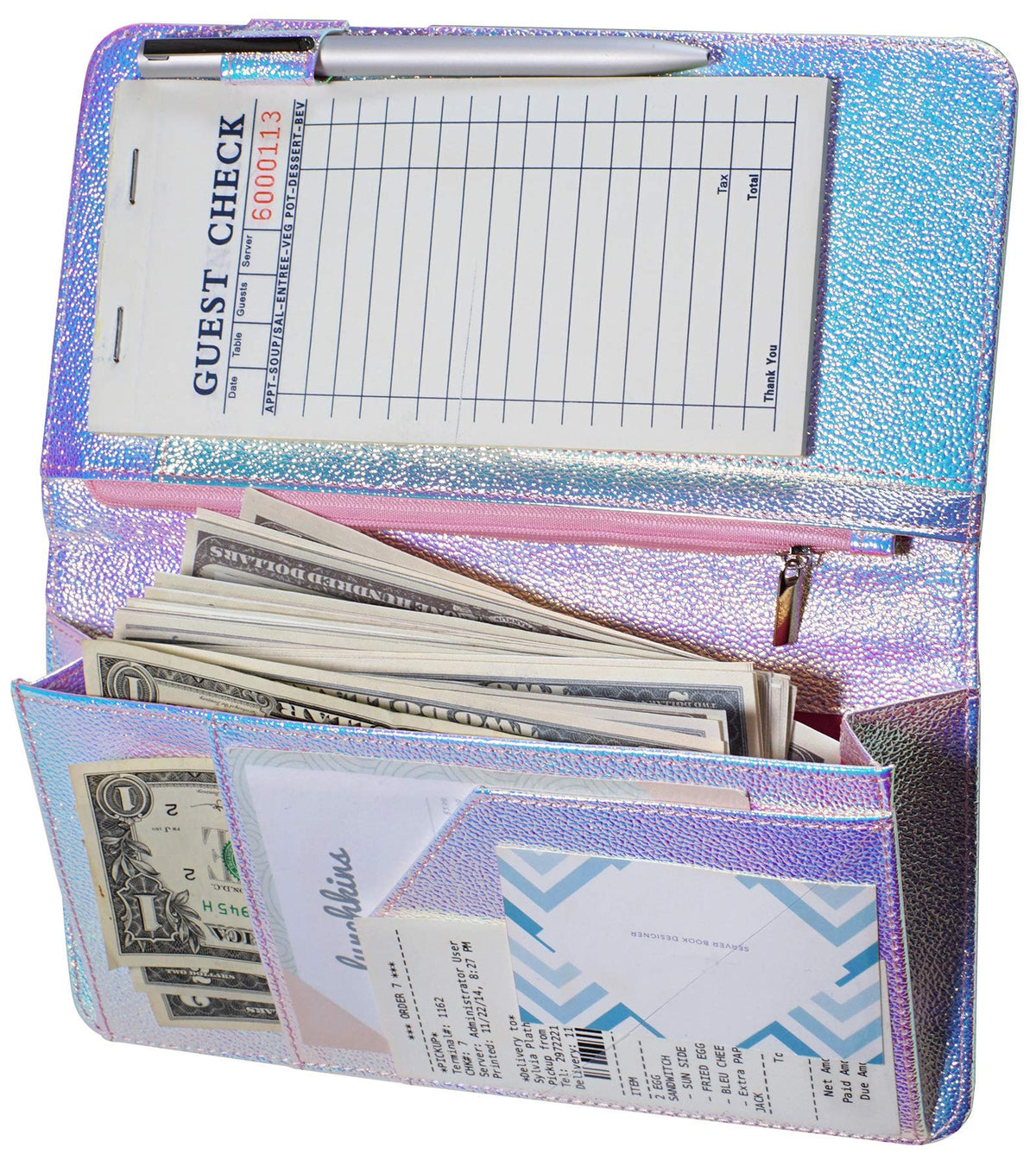 Zreal Server Book For Waitress With Zipper Pocket, 5 X 9 Serving Book, Magnetic Closure Pocket With Big Volume, Pen Holder For W